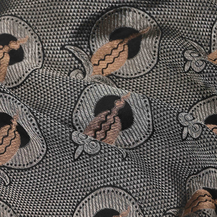 Matte Black Banarasi Brocade Fabric With Floral Weaving