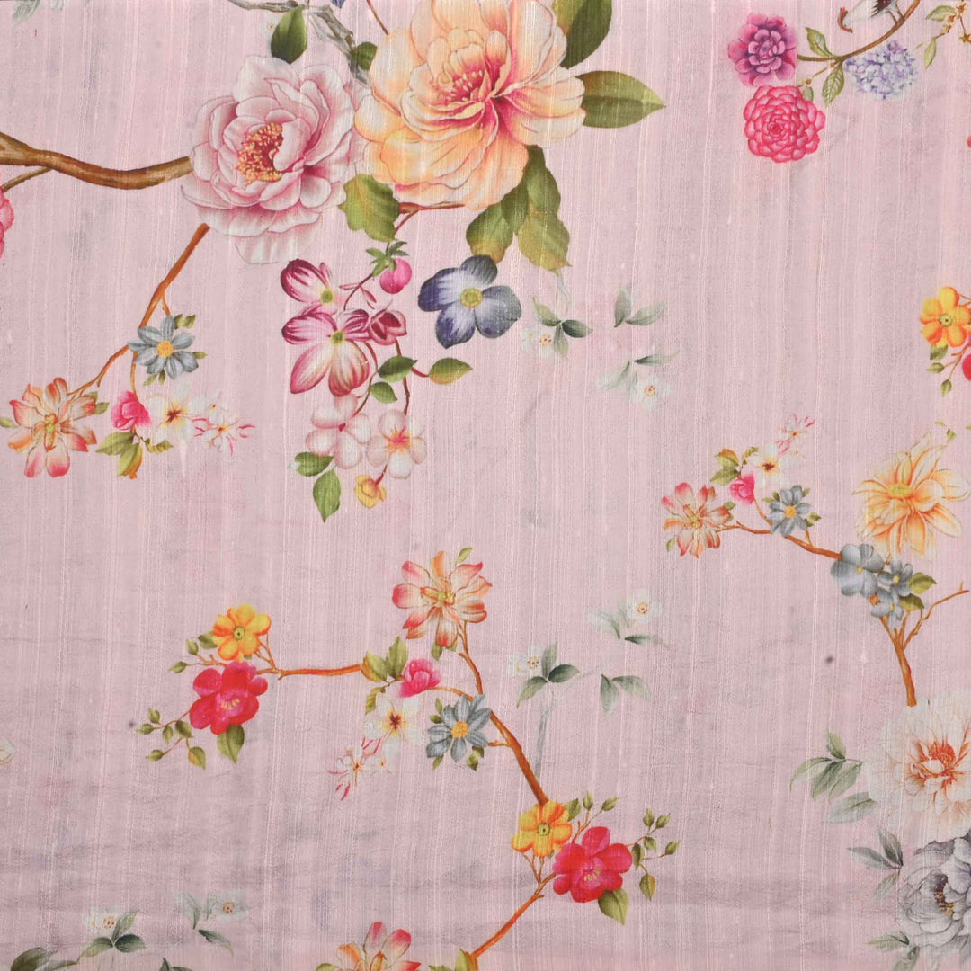 Pastel-Pink Floral Printed Rawsilk Fabric