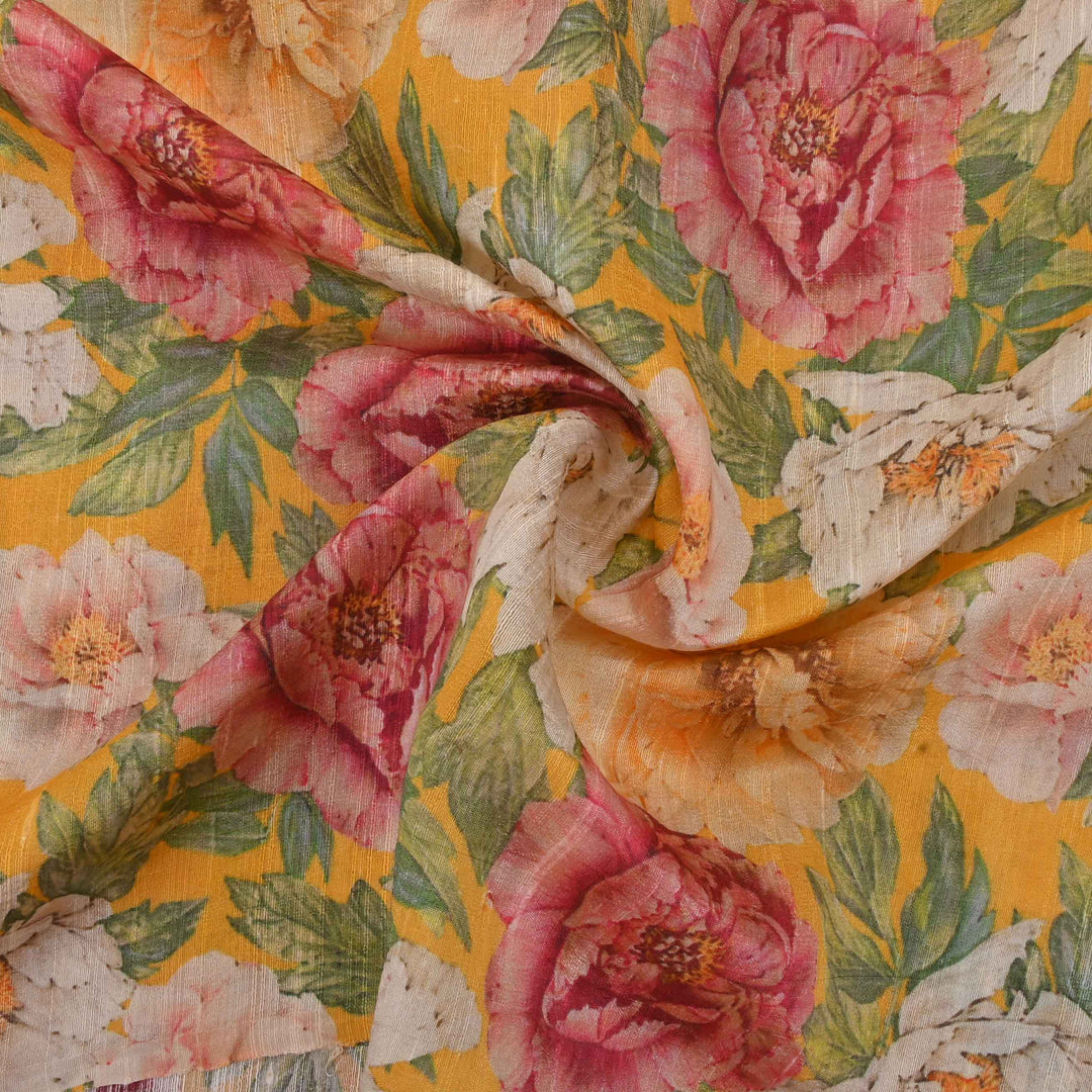 Mustard Yellow Floral Print On Rawsilkdupion Fabric