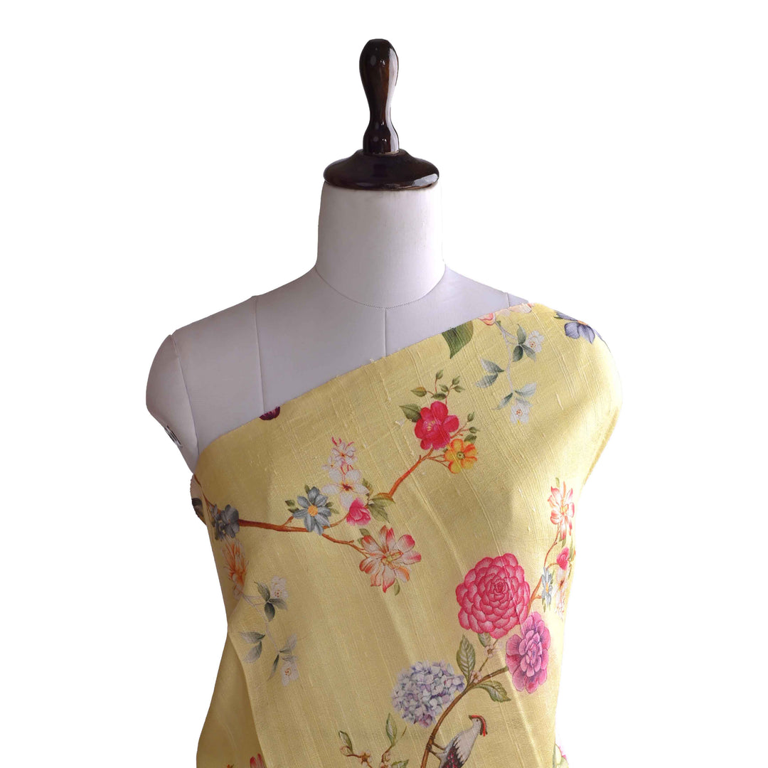 Yellow Mustard Floral Printed Rawsilk Fabric