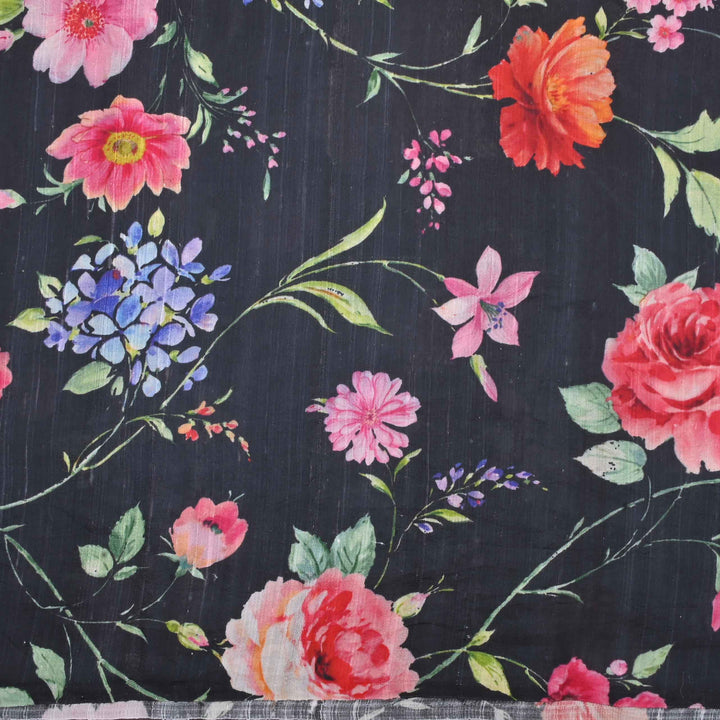 Black Floral Printed Rawsilk Fabric