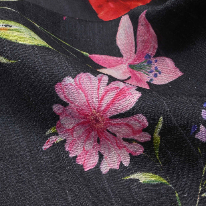 Black Floral Printed Rawsilk Fabric