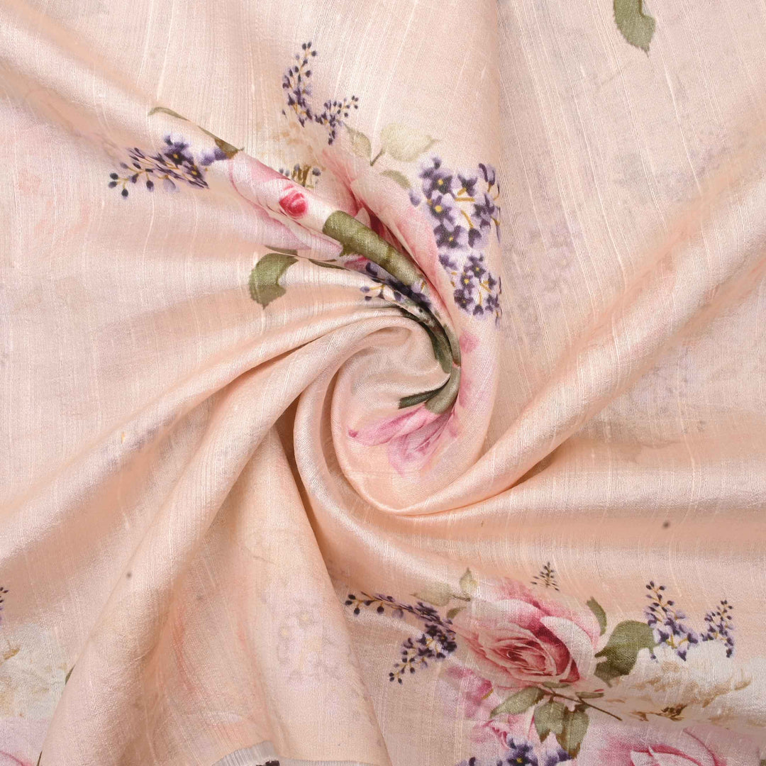 Creamhalf White Floral Print On Rawsilkdupion Fabric