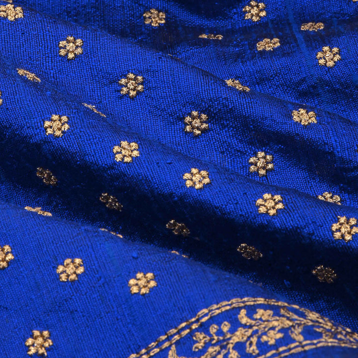Blue Zari Embroidery On Embroidery Tussar Fabric
