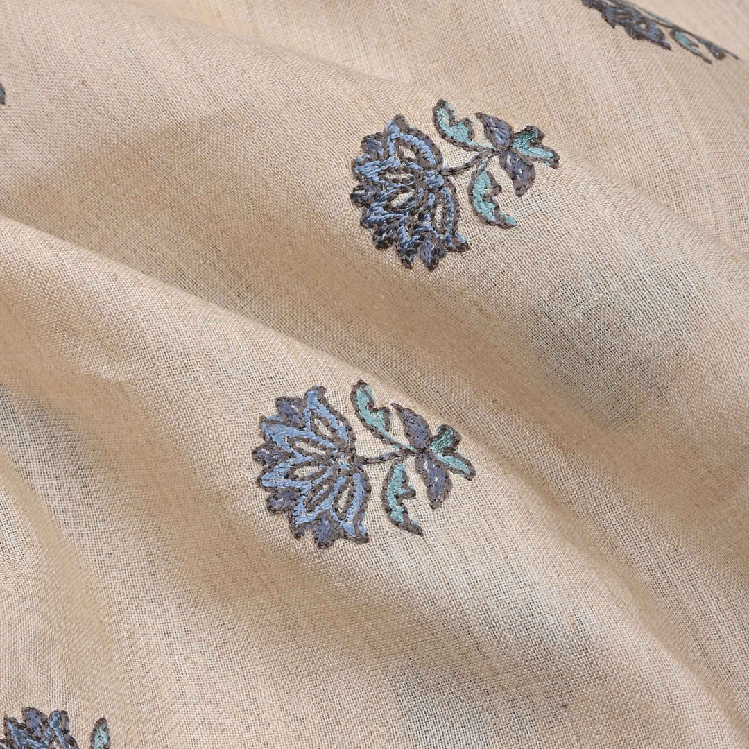 Cream Half White Embroidery Tussar Fabric