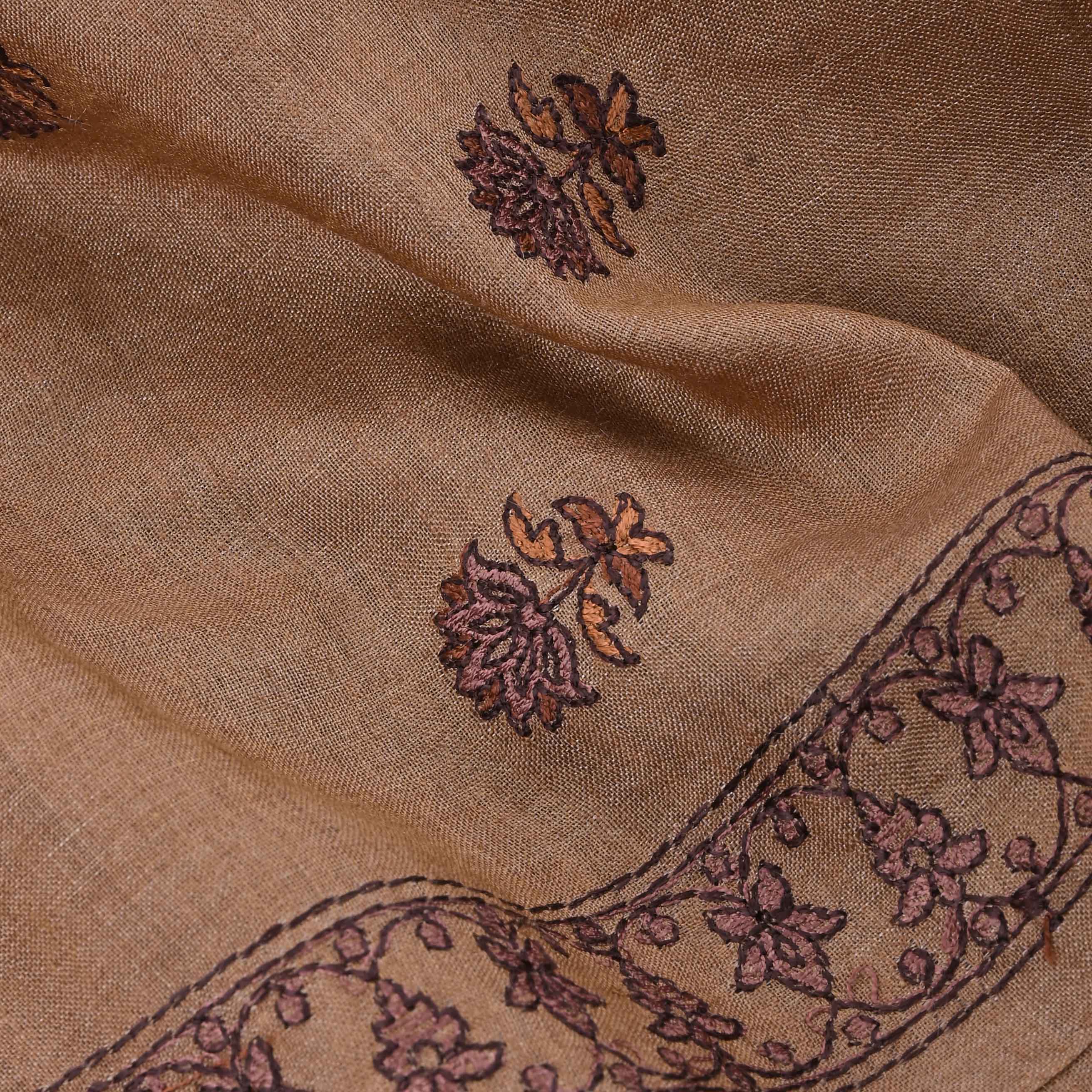 Brown Threadwork On Embroidery Tussar Fabric