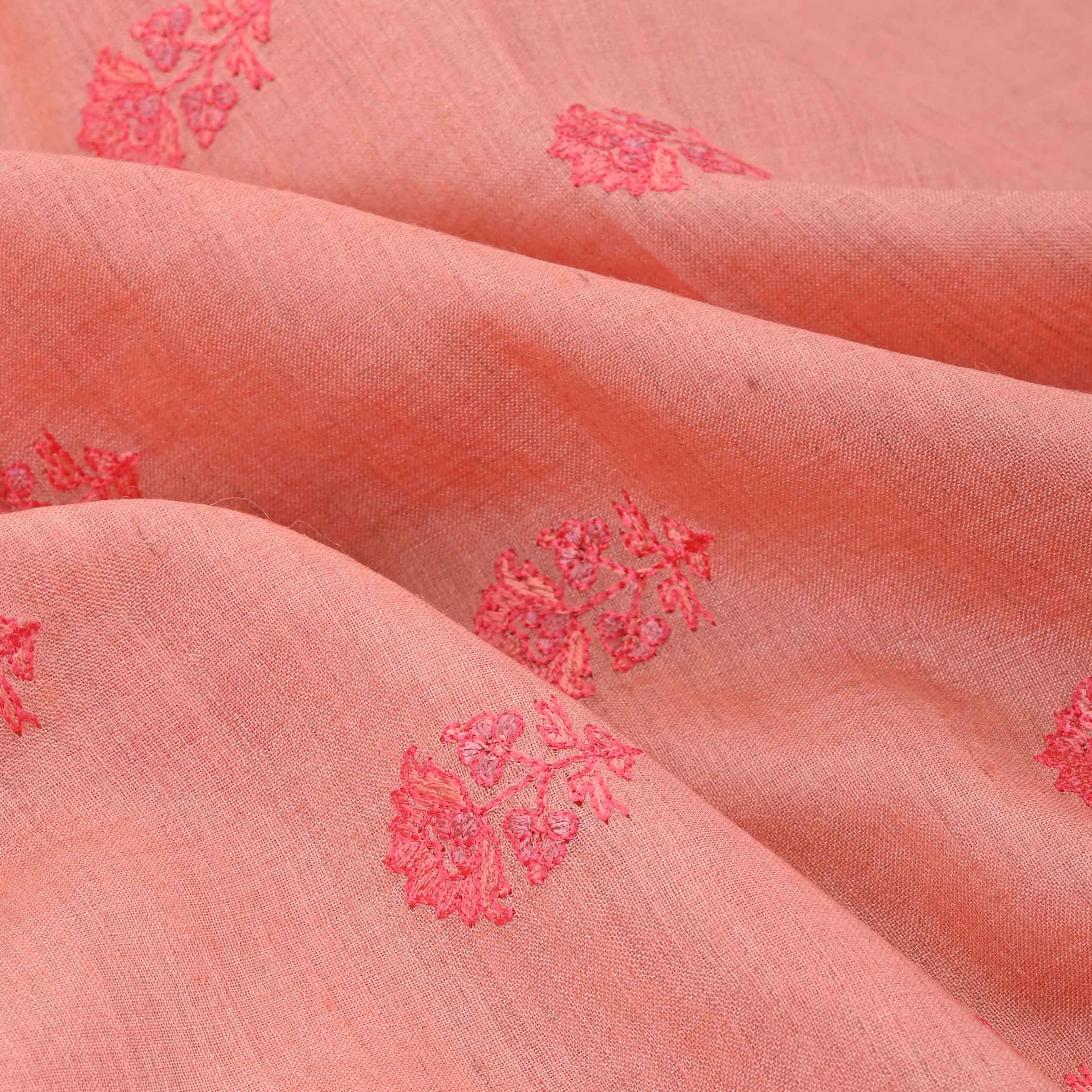 Orangepeach Threadwork On Embroidery Tussar Fabric