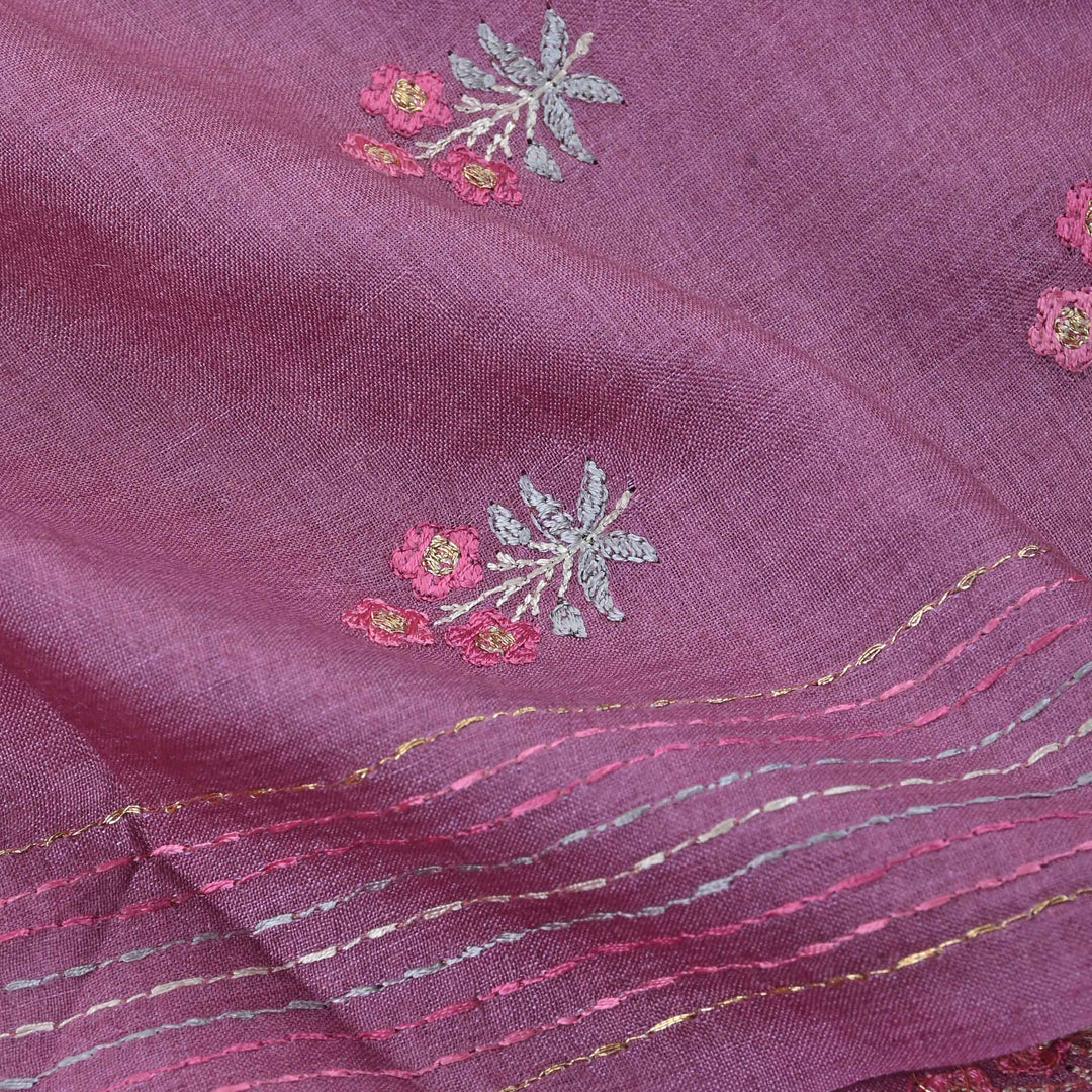 Purpleviolet Threadwork On Embroidery Tussar Fabric