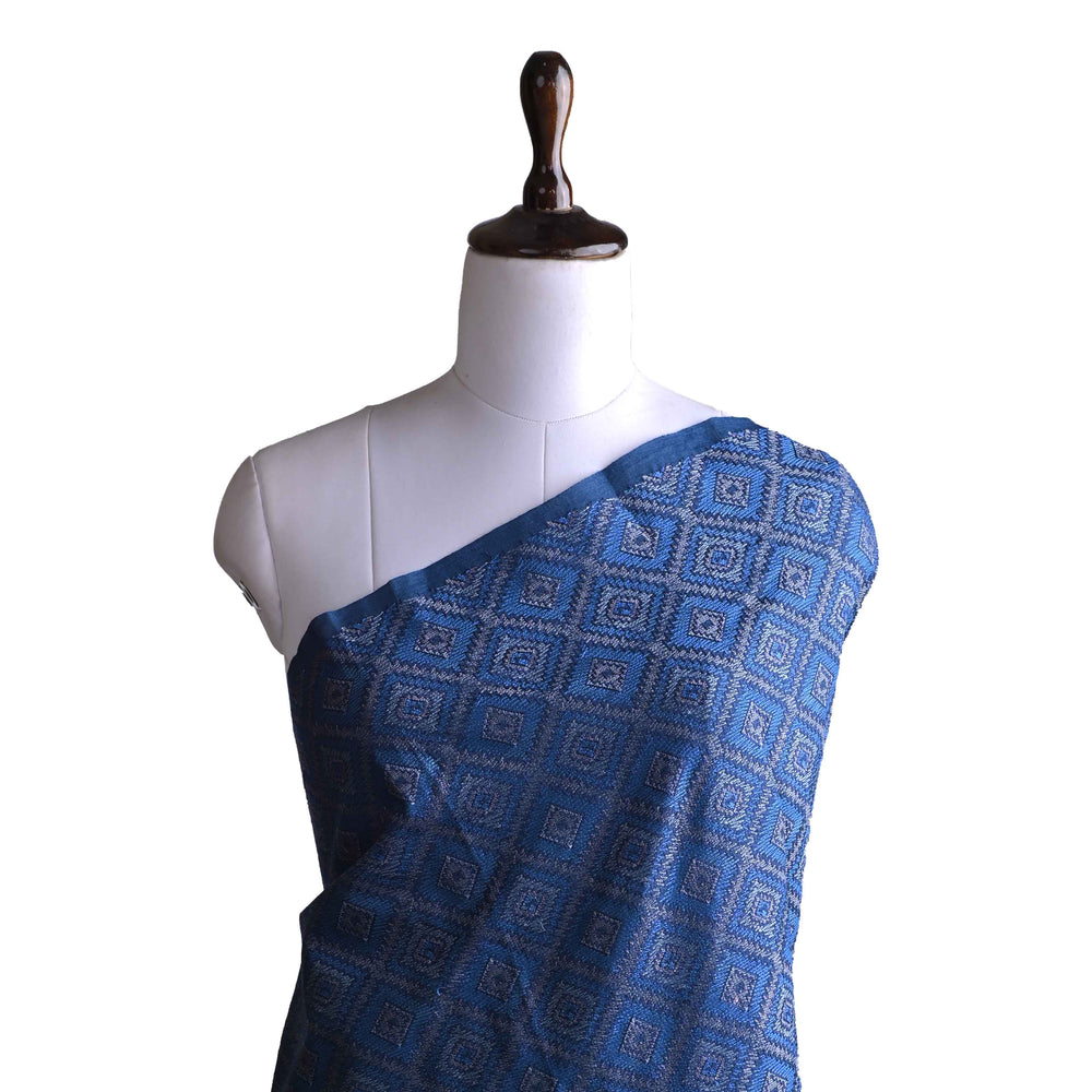 Blue Threadwork On Embroidery Tussar Fabric