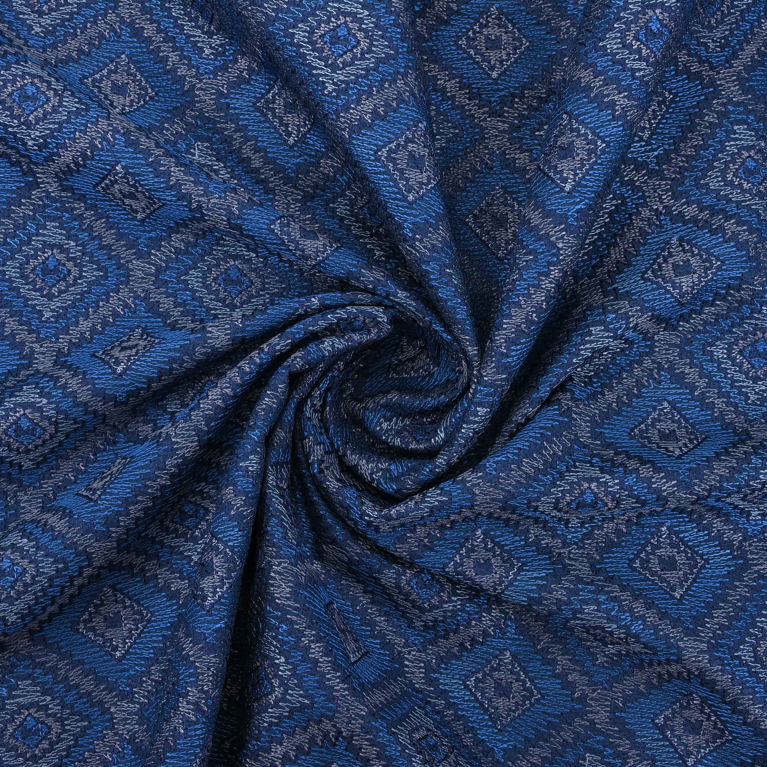 Blue Threadwork On Embroidery Tussar Fabric