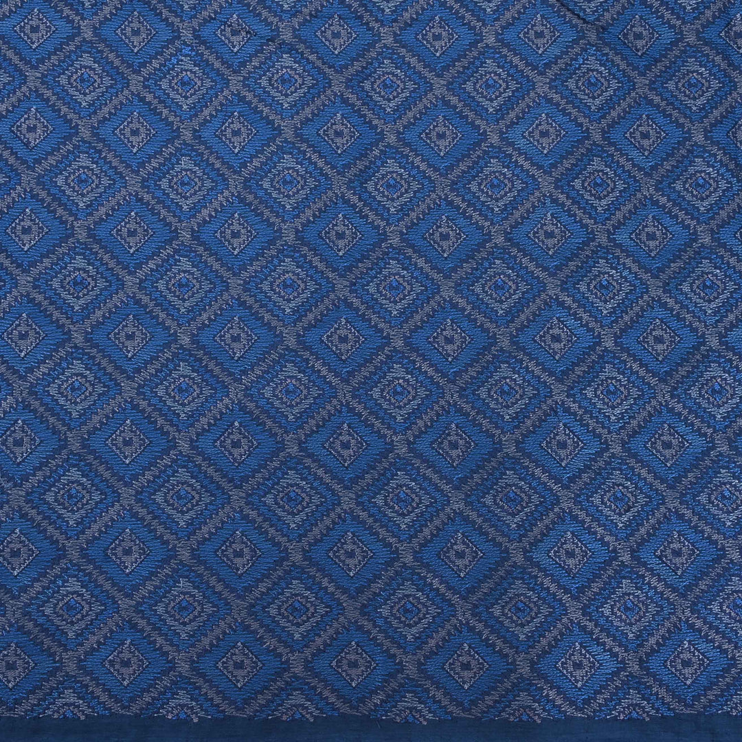 Blue Threadwork On Embroidery Tussar Fabric