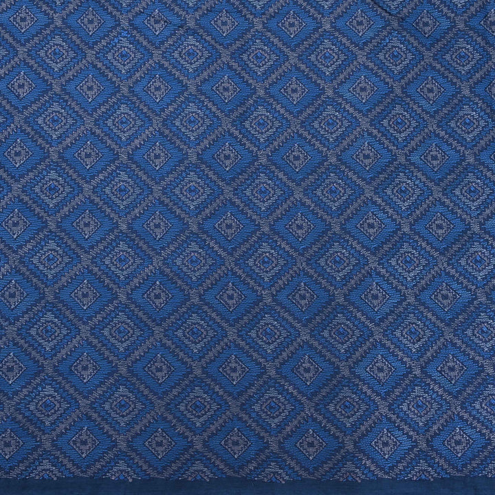 Blue Threadwork On Embroidery Tussar Fabric