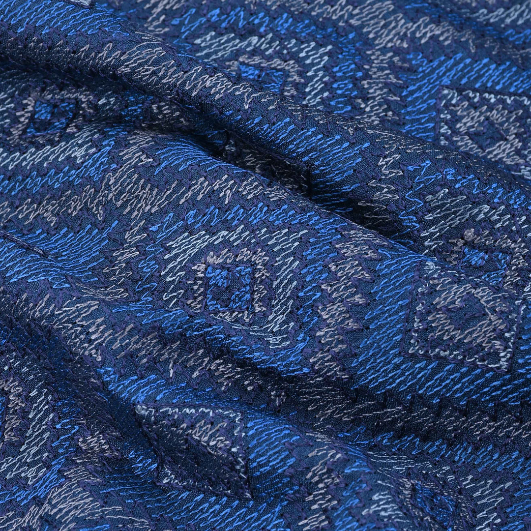 Blue Threadwork On Embroidery Tussar Fabric