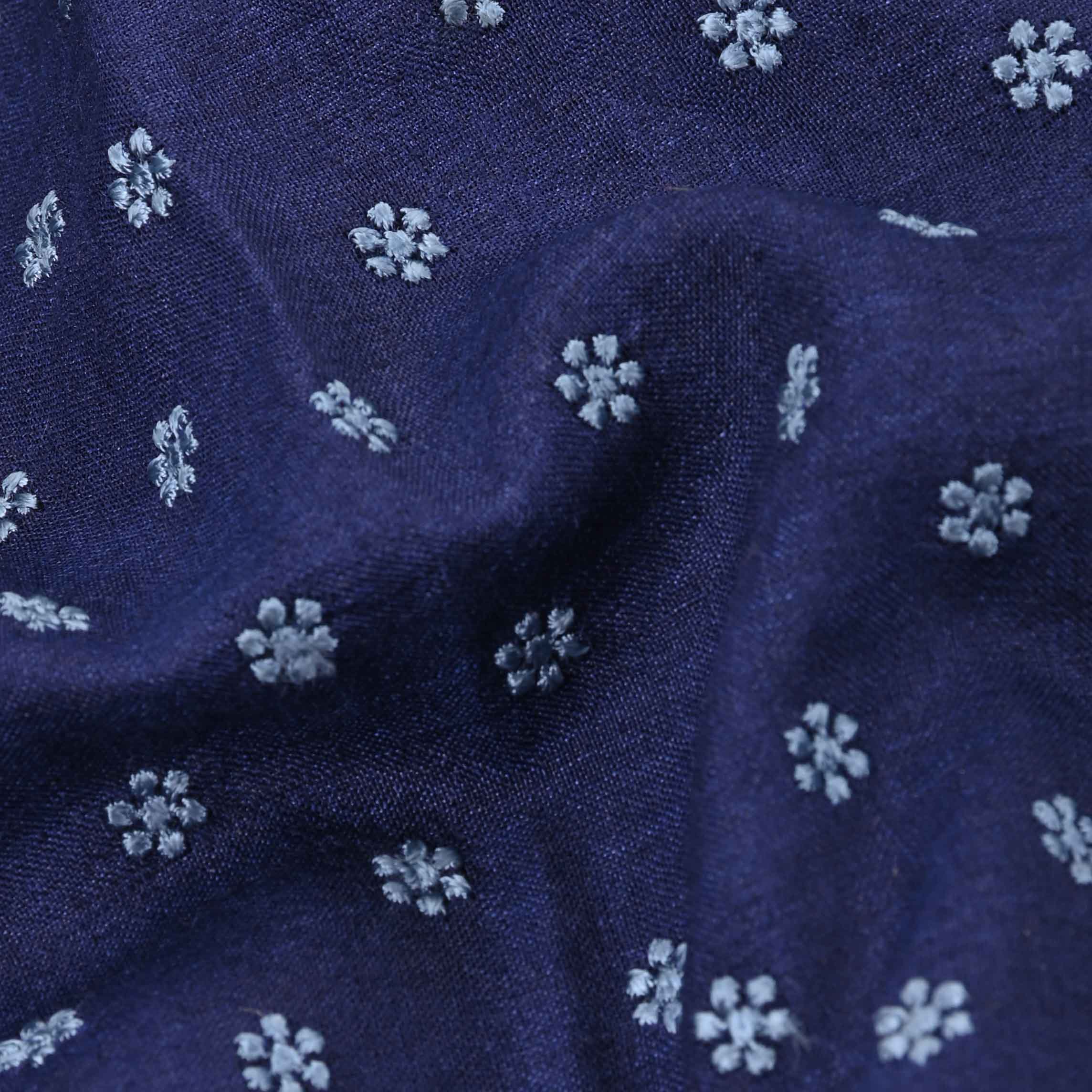 Blue Threadwork On Embroidery Tussar Fabric