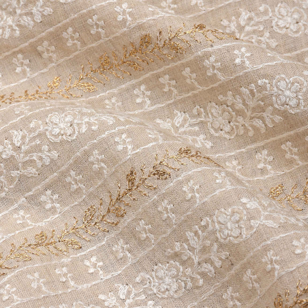 Cream Half White Embroidery Tussar Fabric