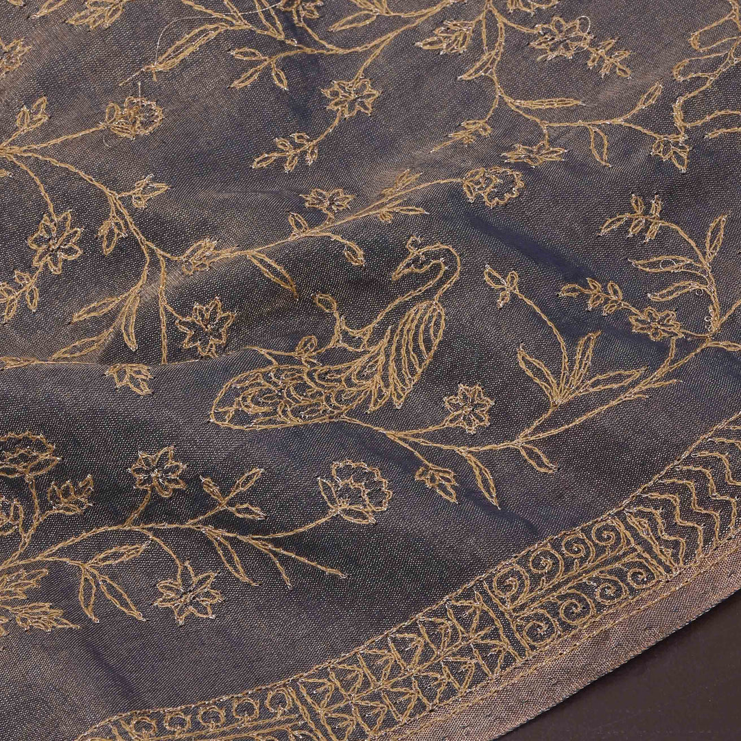 Grey Zari Embroidery Tissue Fabric