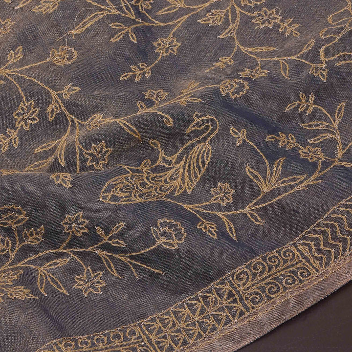 Grey Zari Embroidery Tissue Fabric