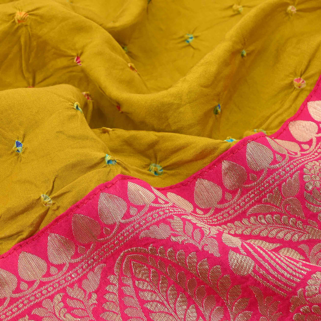 Beautiful Yellowmustard Bandhy Bandhani Tussar Fabric