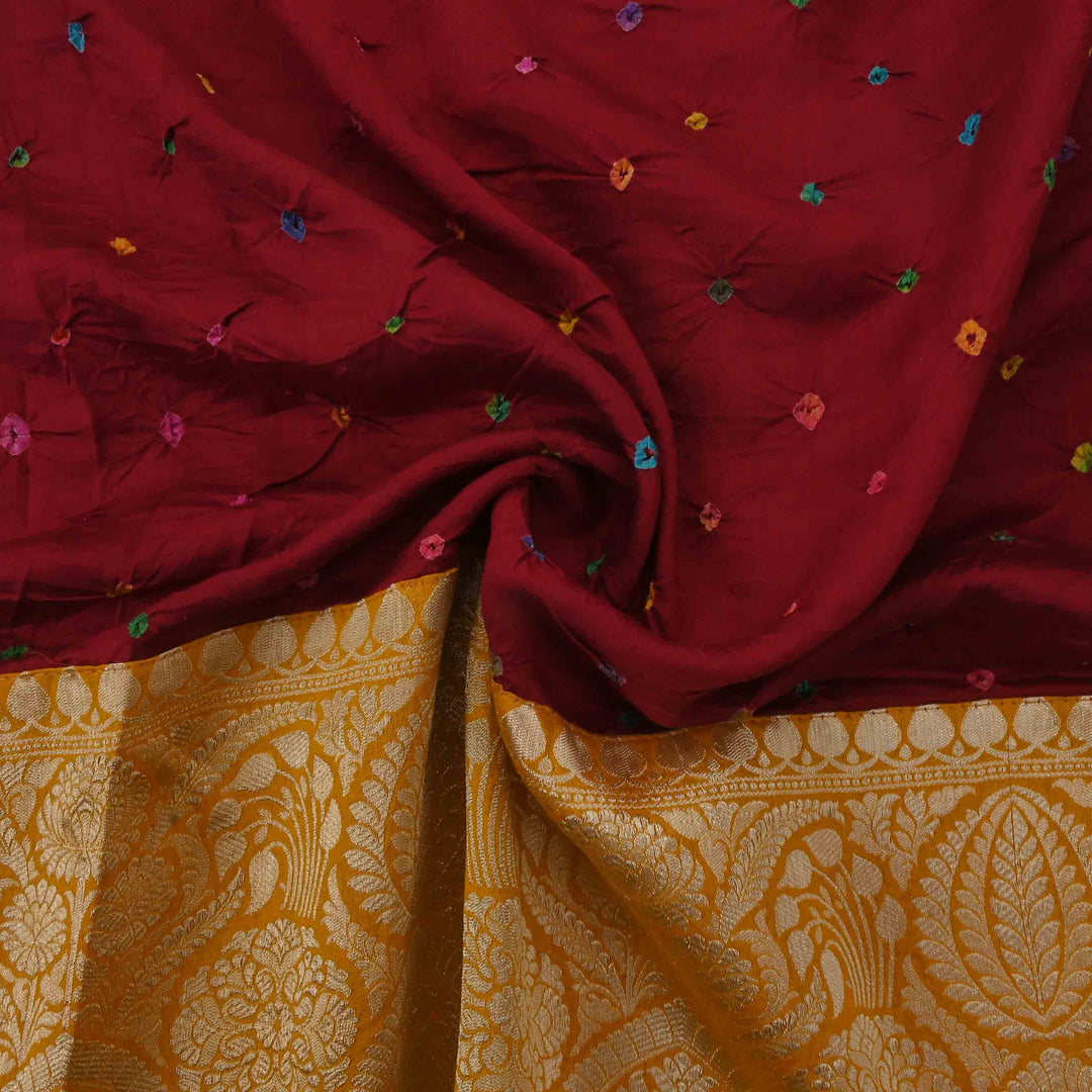 Red Bandhy Bandhani Tussar Fabric