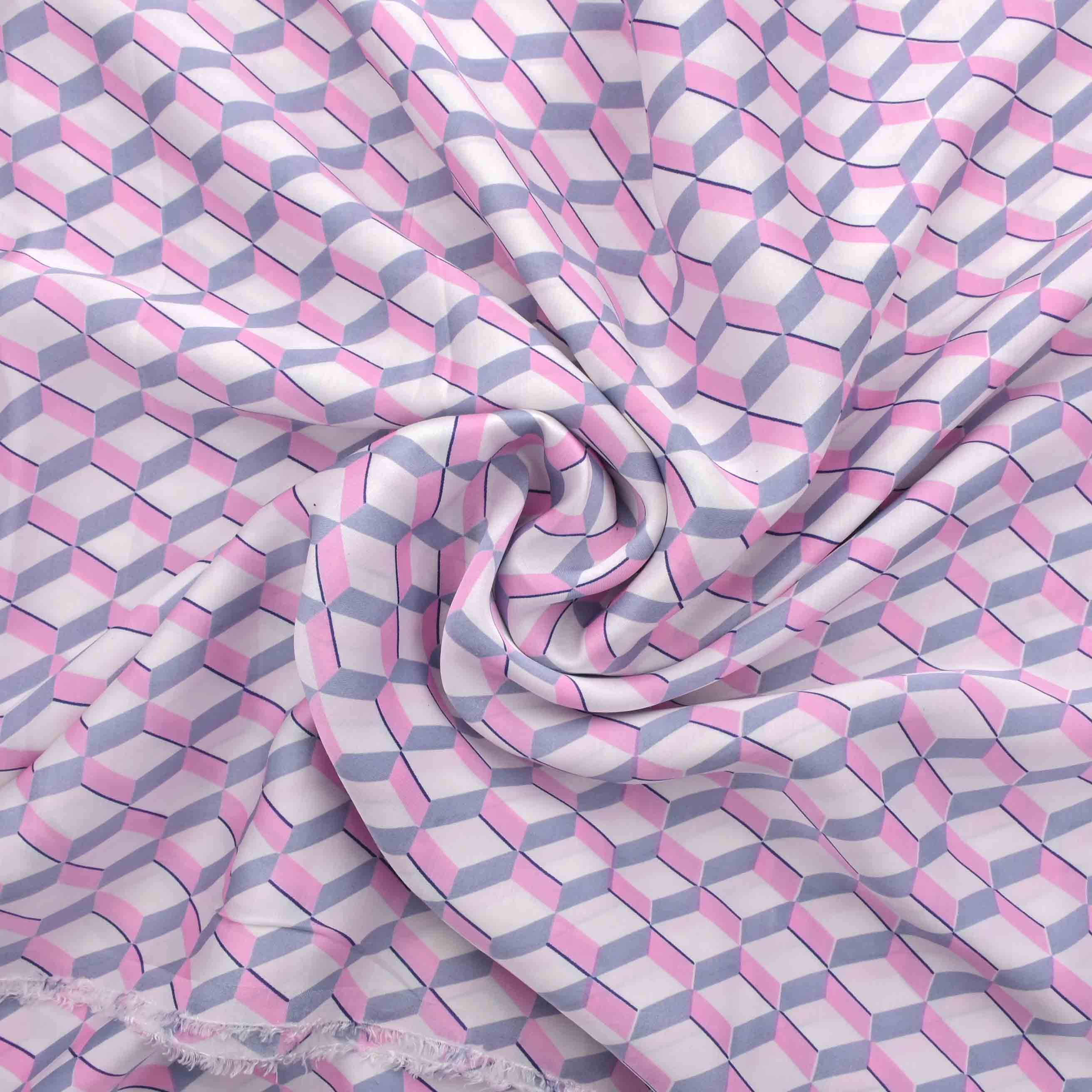 White Geometrical Printed Satin Fabric