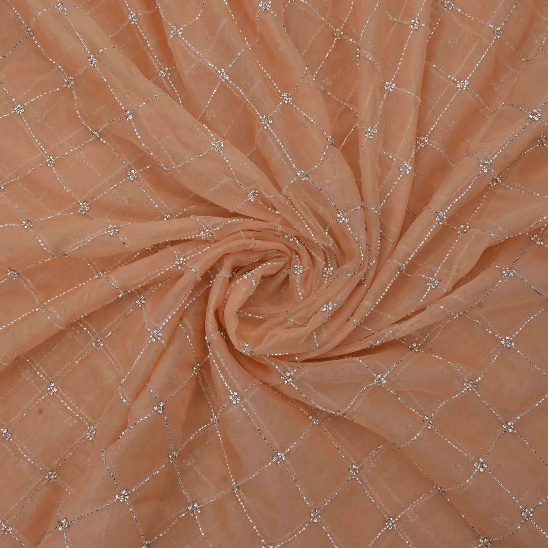 Orange Peach Embroidered Organza Fabric