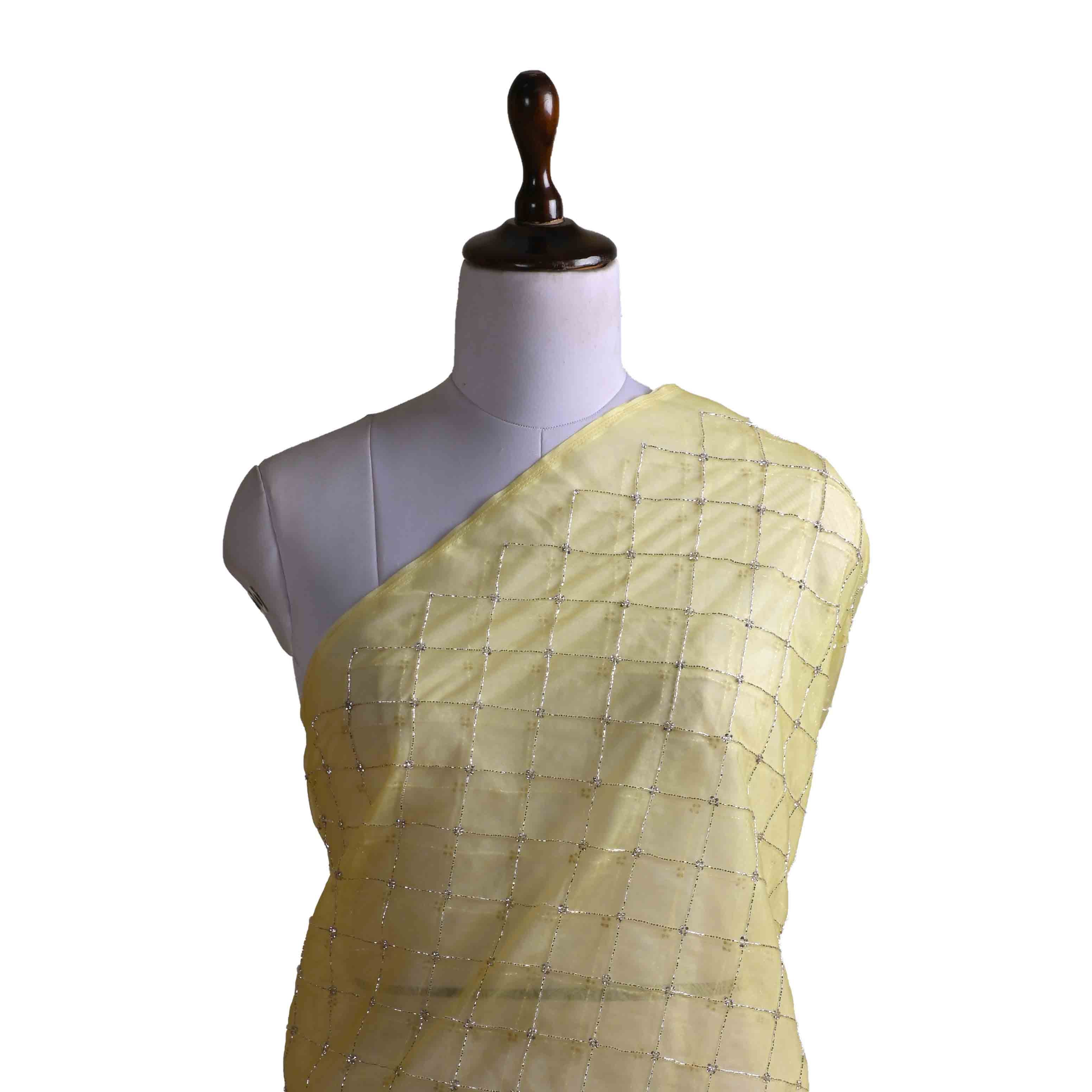 Yellow Mustard Embroidered Organza Fabric