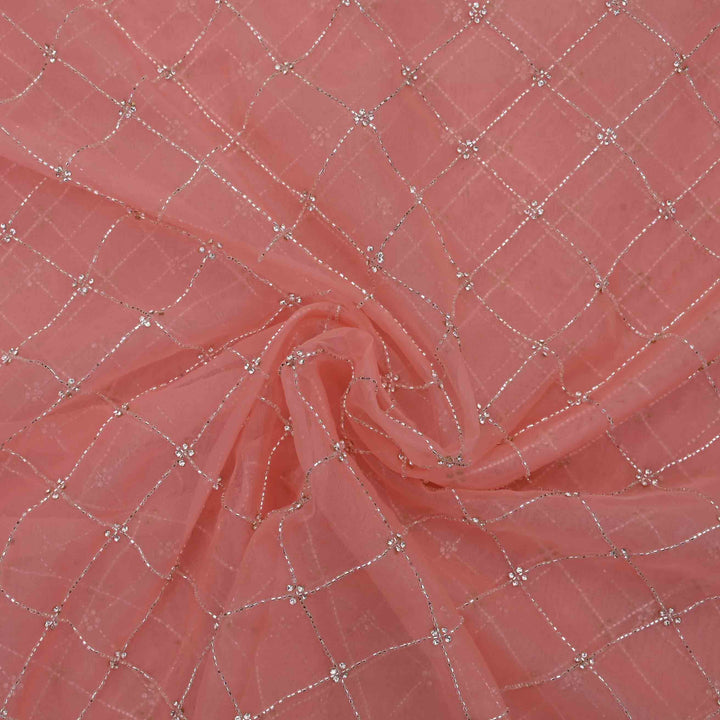 Orange Peach Embroidered Organza Fabric