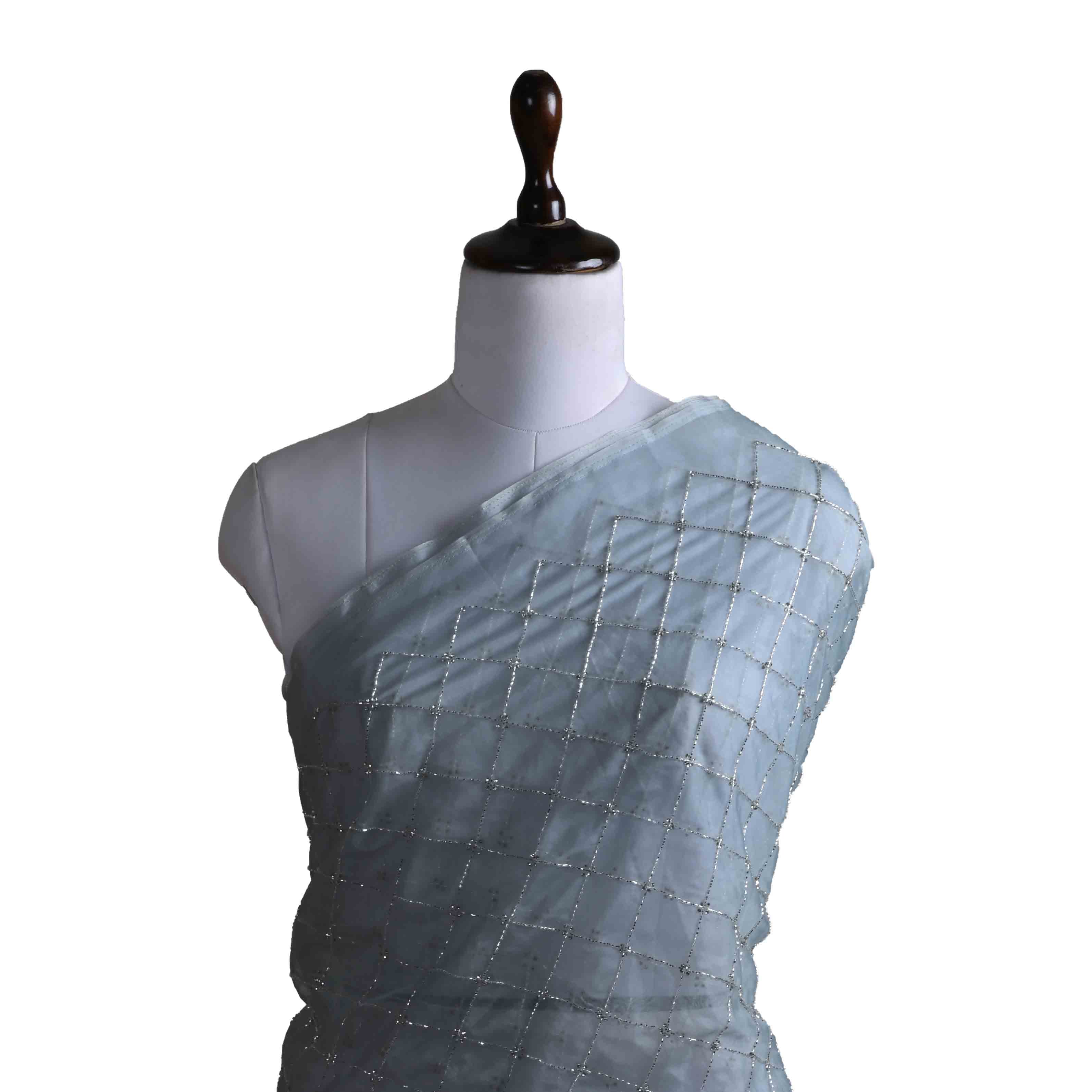 Grey Embroidered Organza Fabric