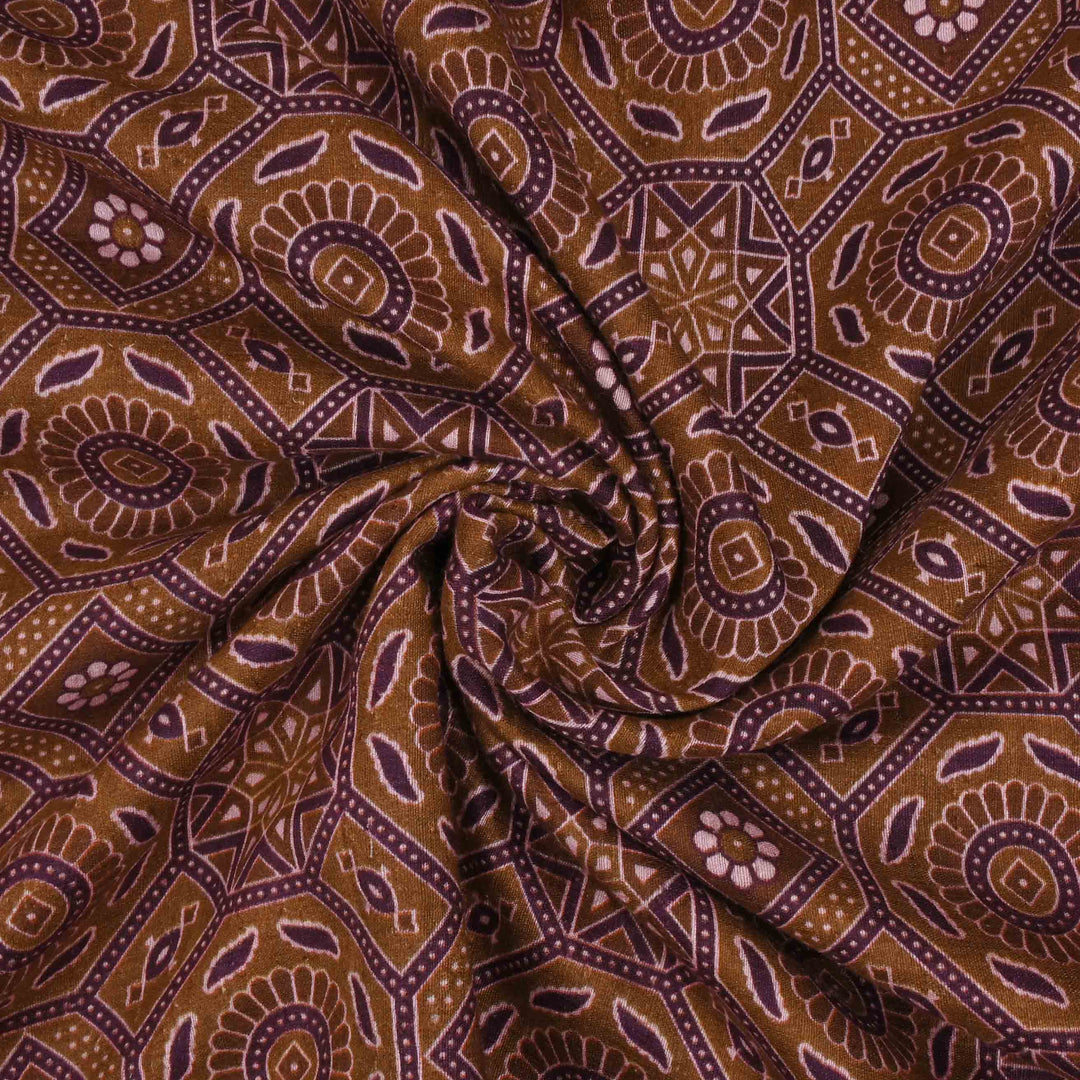 Dark Almond Brown Printed Matka Fabric