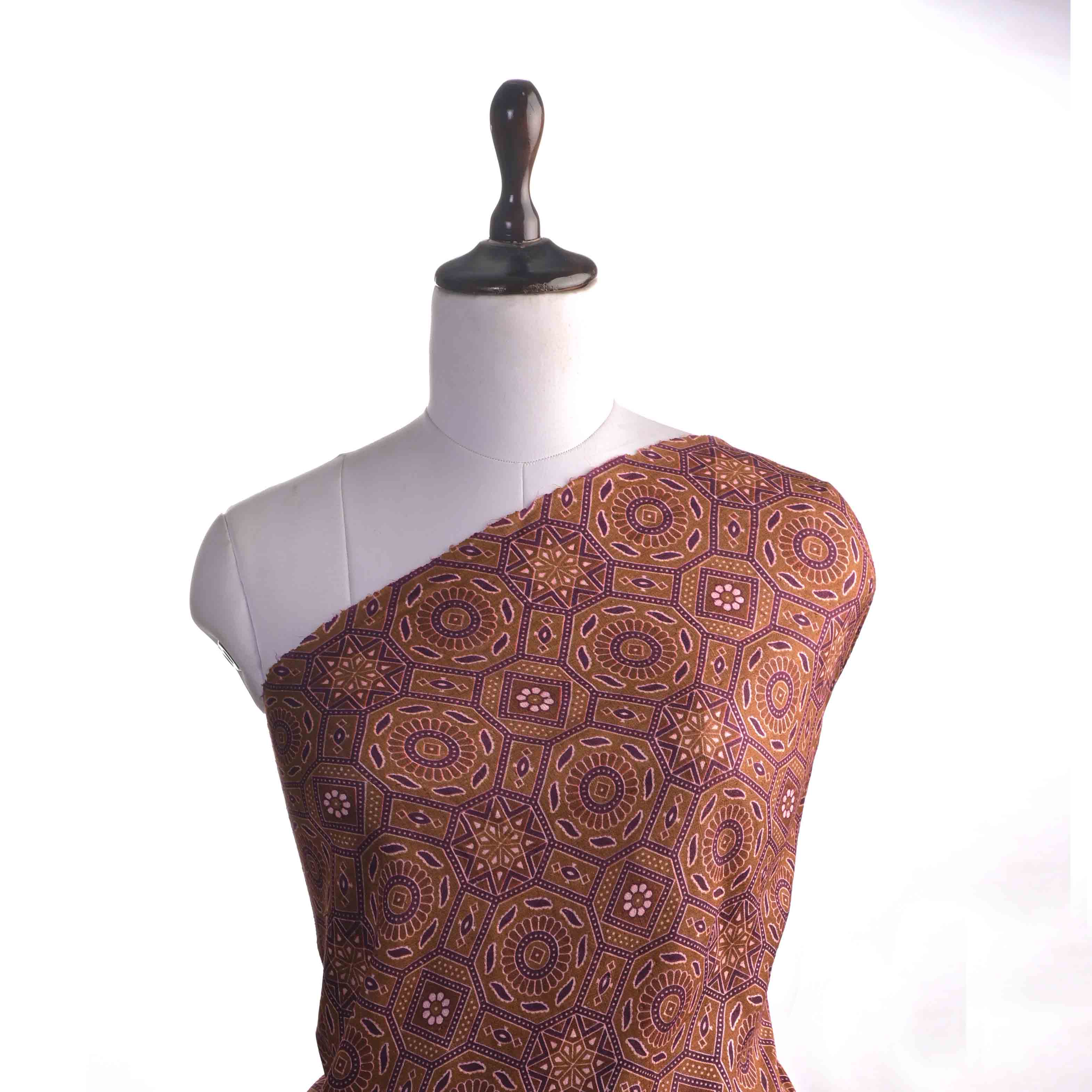 Dark Almond Brown Printed Matka Fabric