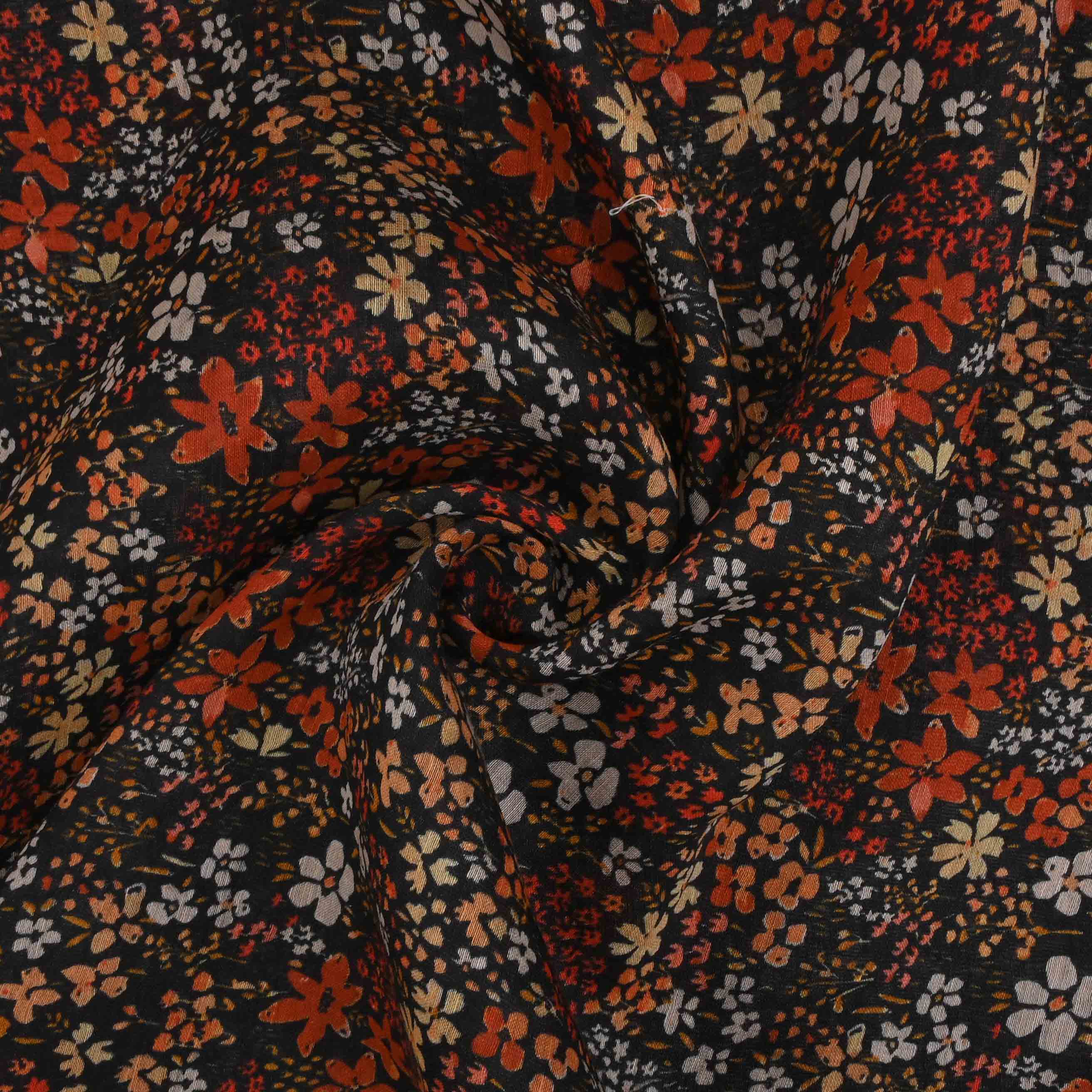 Dark Black Printed Linen Fabric