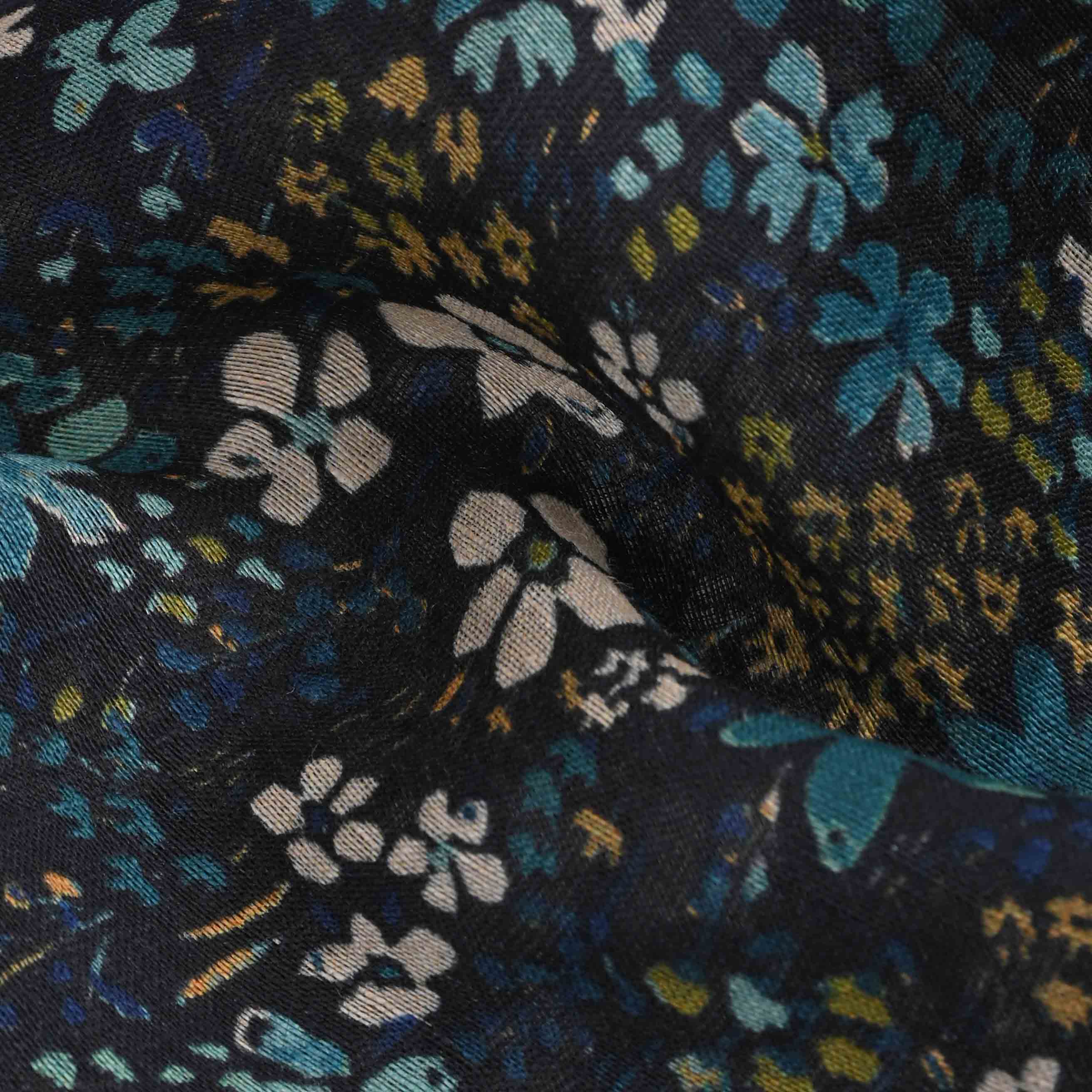 Bright Black Printed Linen Fabric