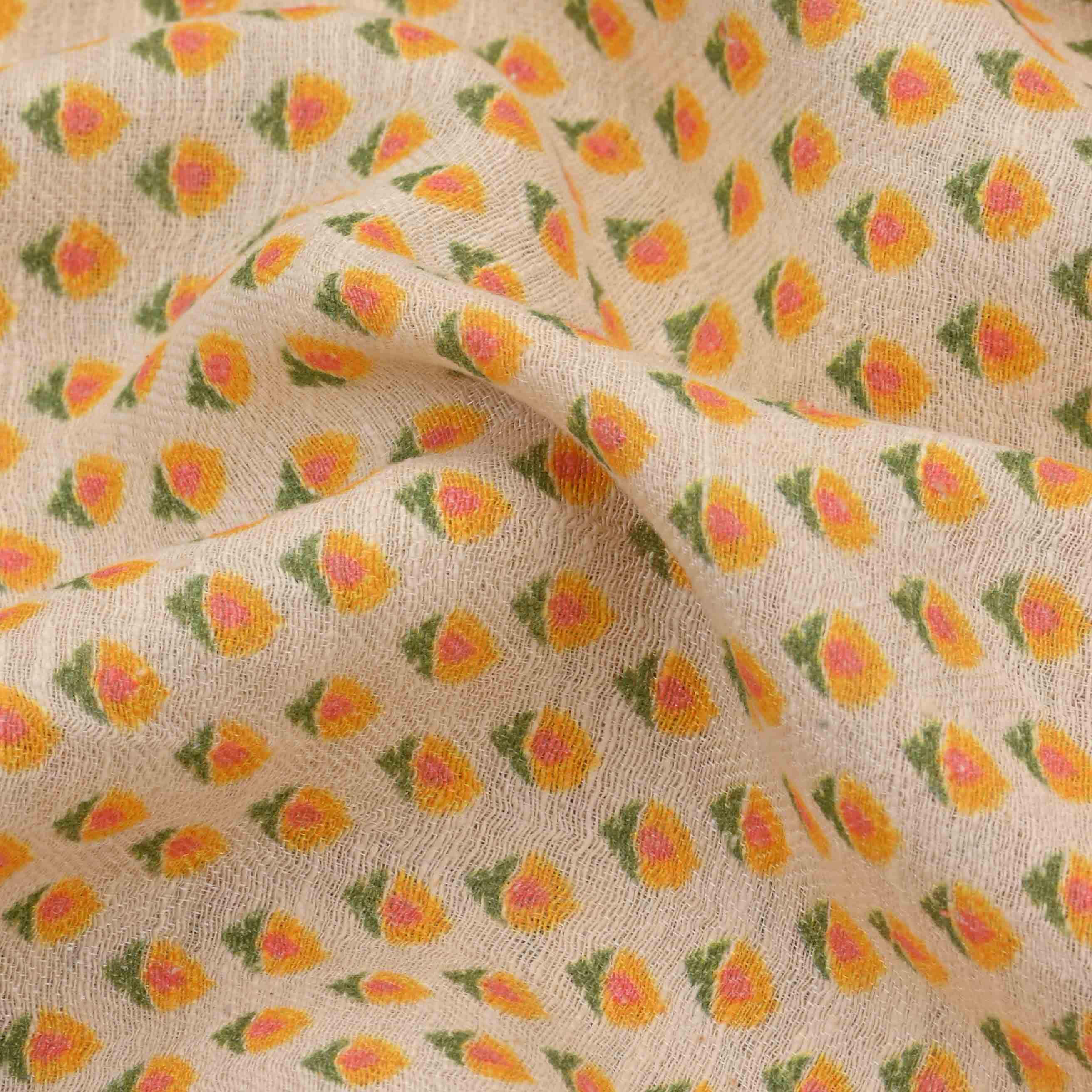 Cream White Printed Matka Fabric