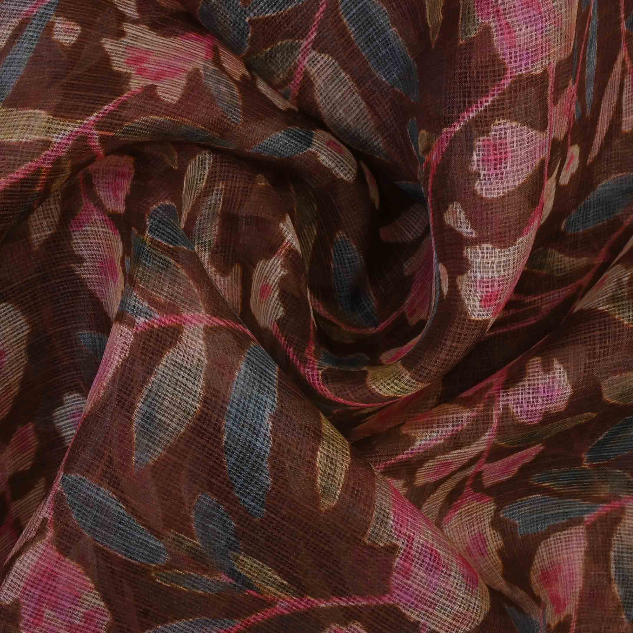 Deep Coffee Brown Printed Kota Fabric