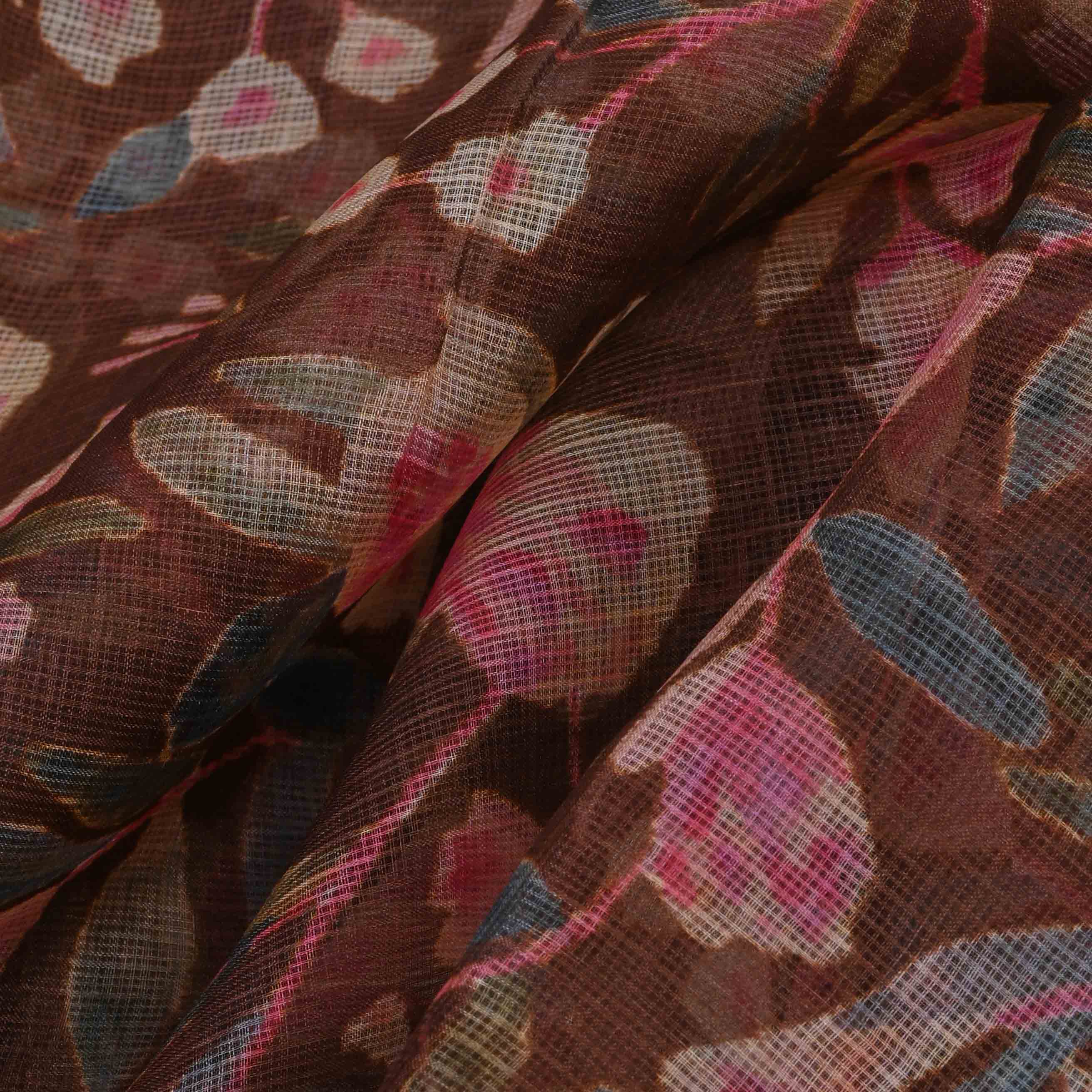 Deep Coffee Brown Printed Kota Fabric