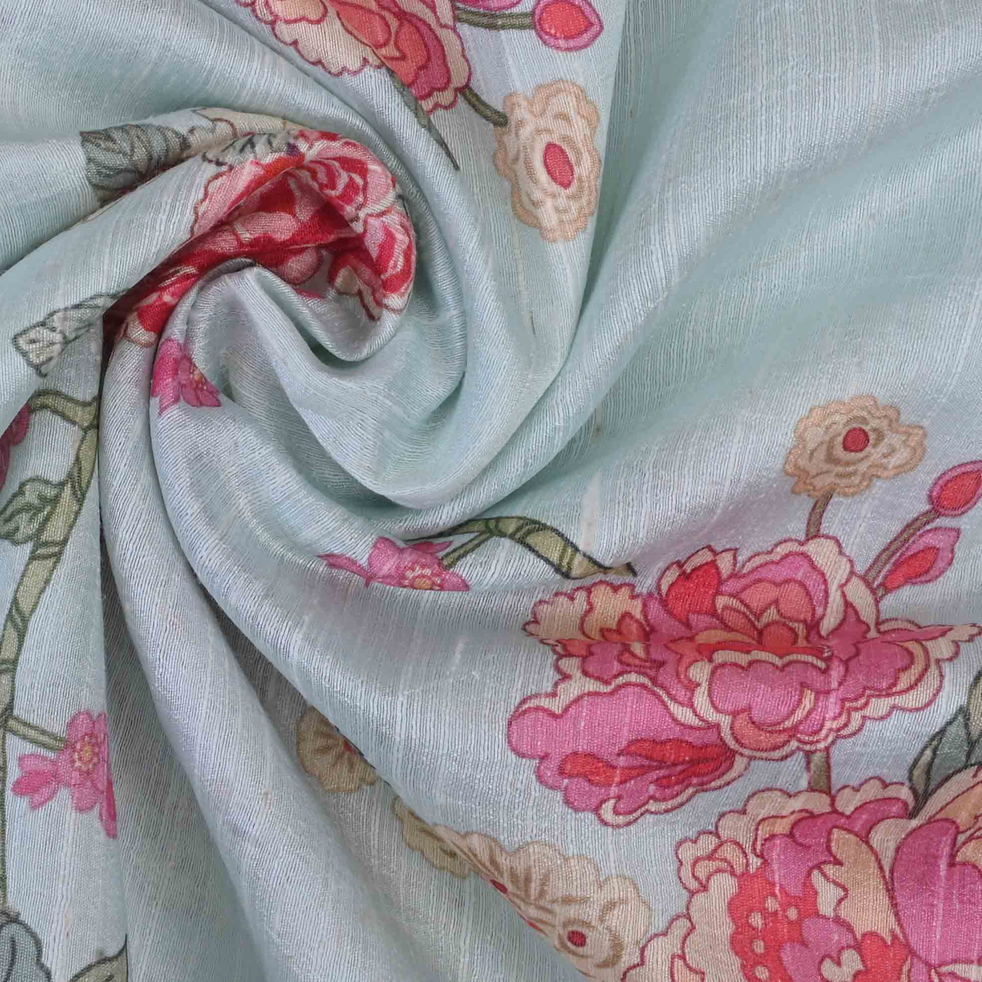 Pastel Sky Blue Printed Rawsilk Fabric