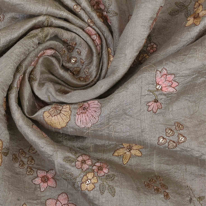 Pastel Grey Embroidery Rawsilk Fabric