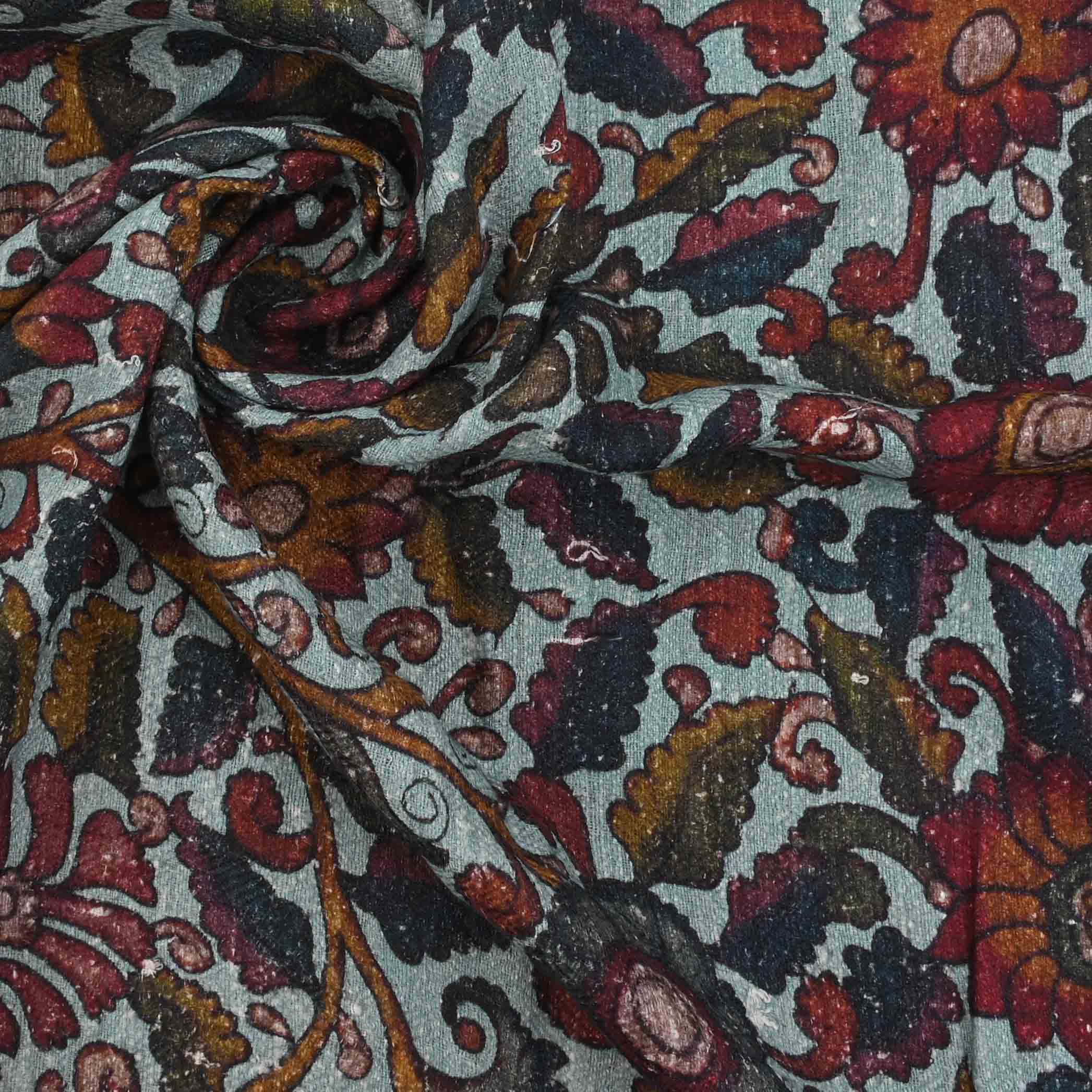 Columbia Blue Floral Kalamkari Printed Matka Fabric