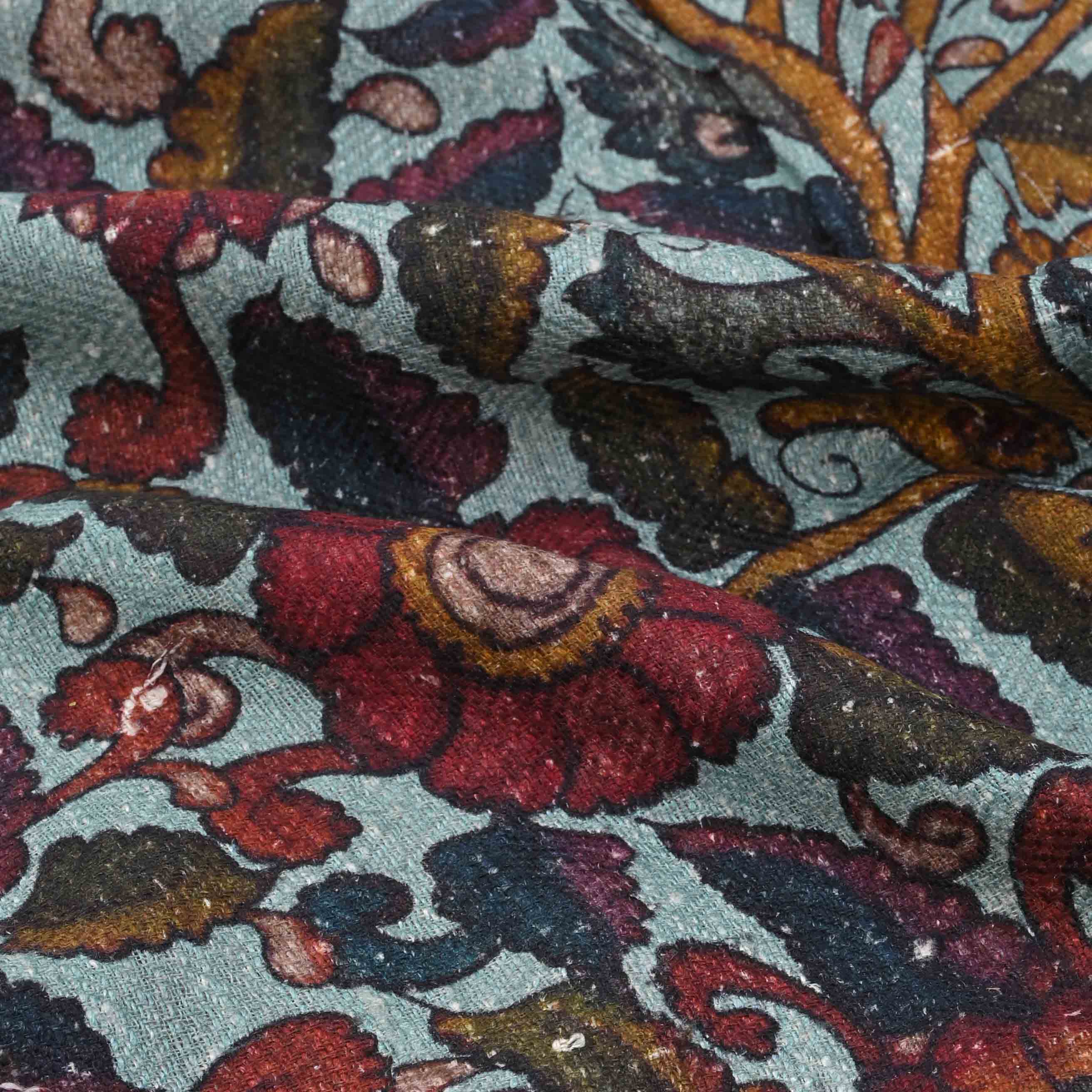 Columbia Blue Floral Kalamkari Printed Matka Fabric