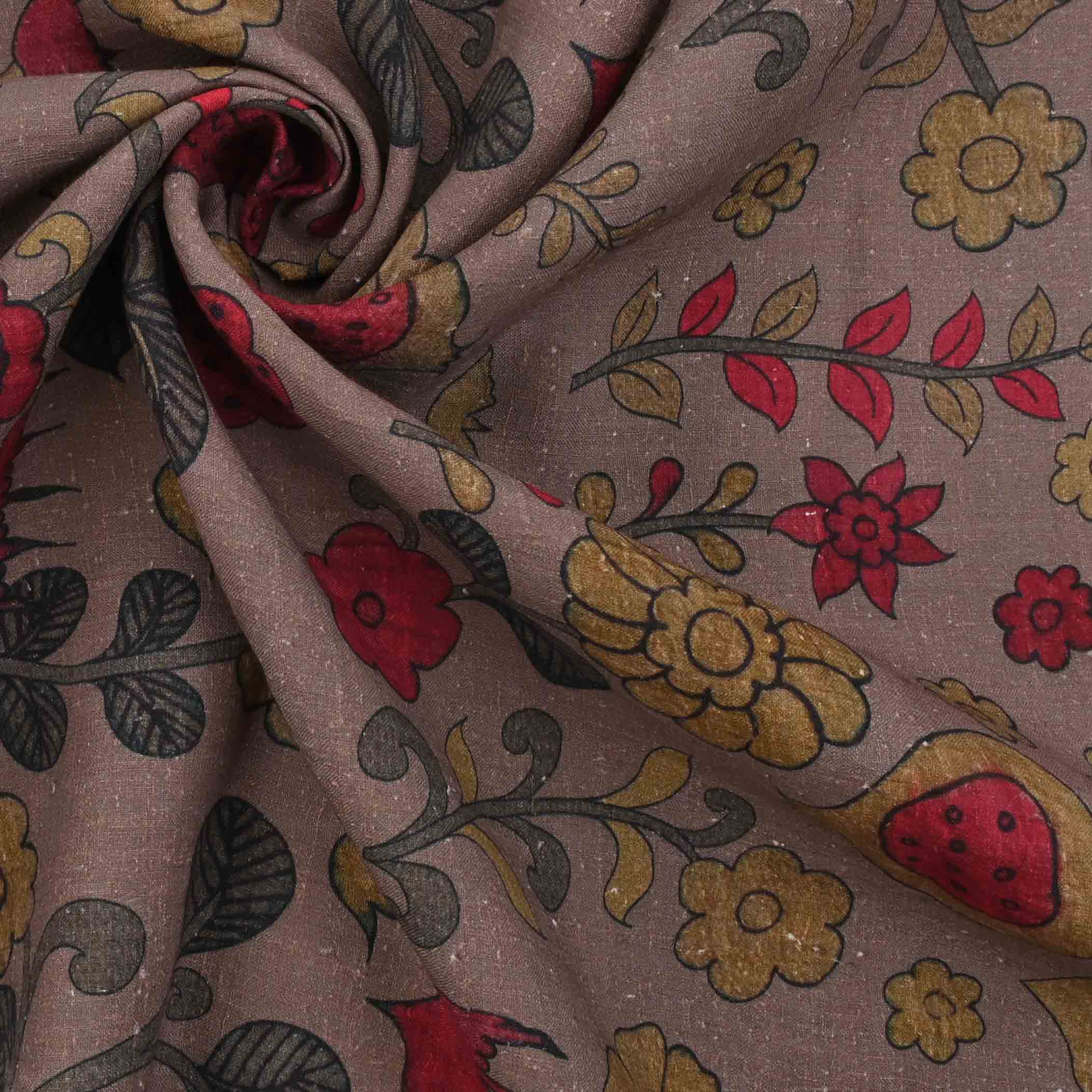 Amber Brown Floral Printed Rawsilk Fabric