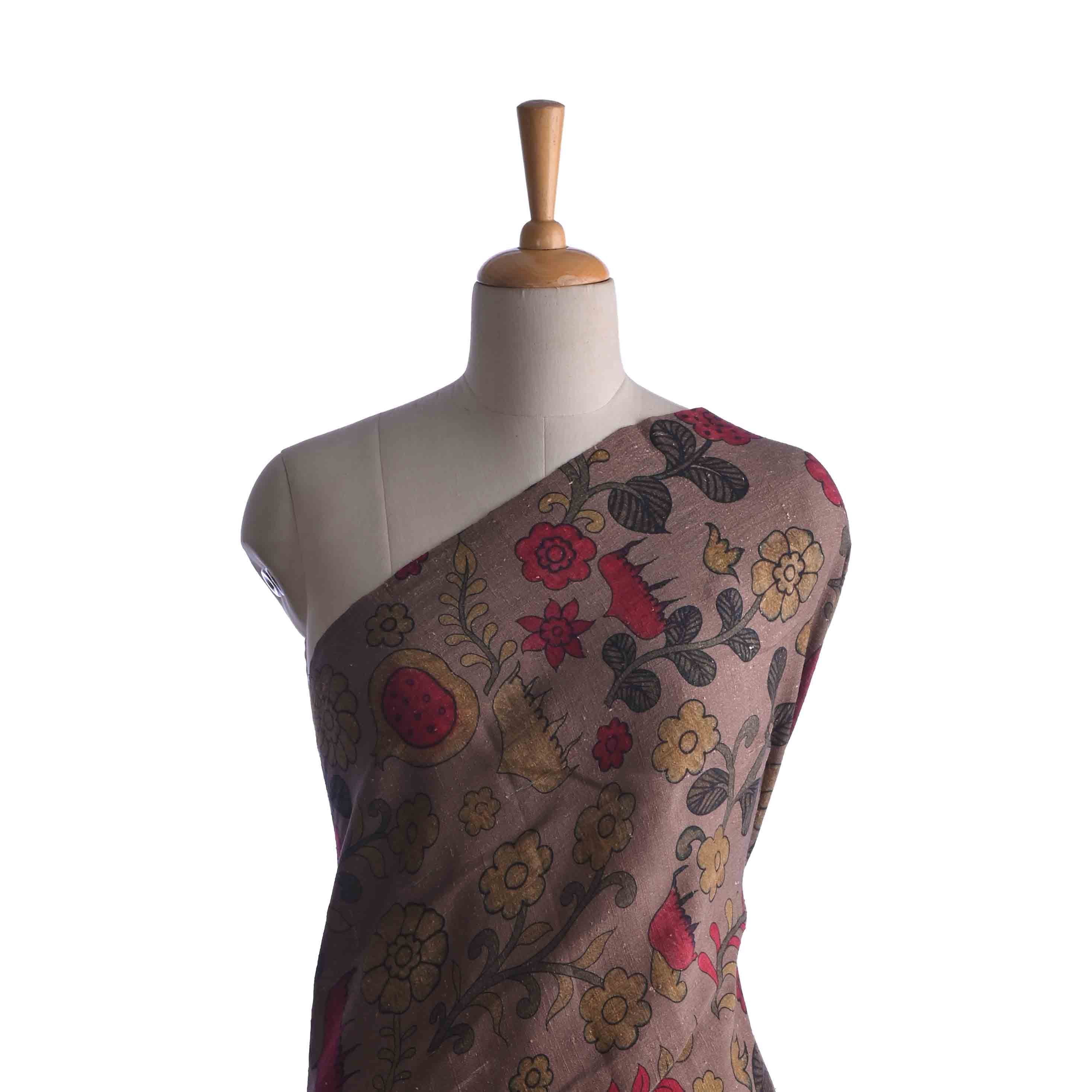 Amber Brown Floral Printed Rawsilk Fabric