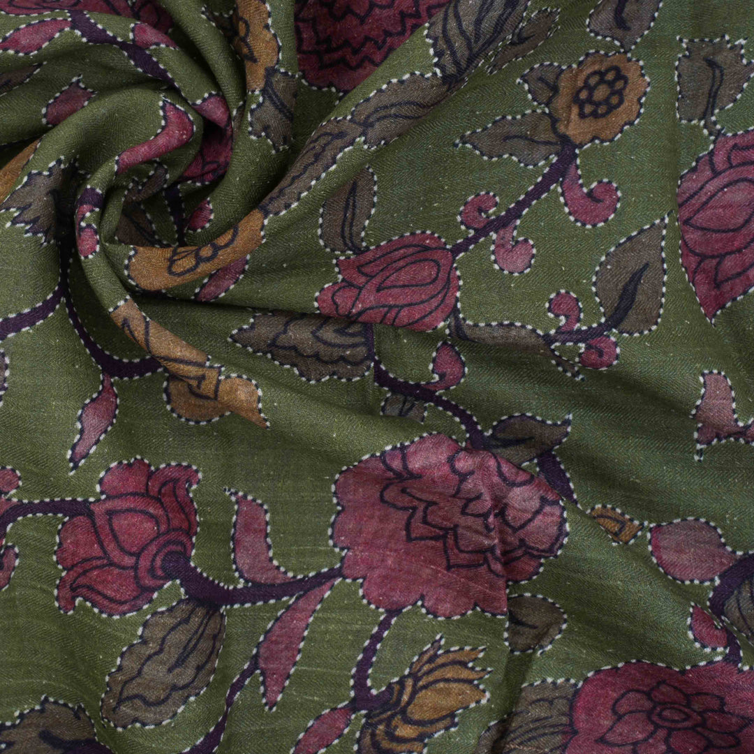 Moss Green Floral Printed Matka Fabric
