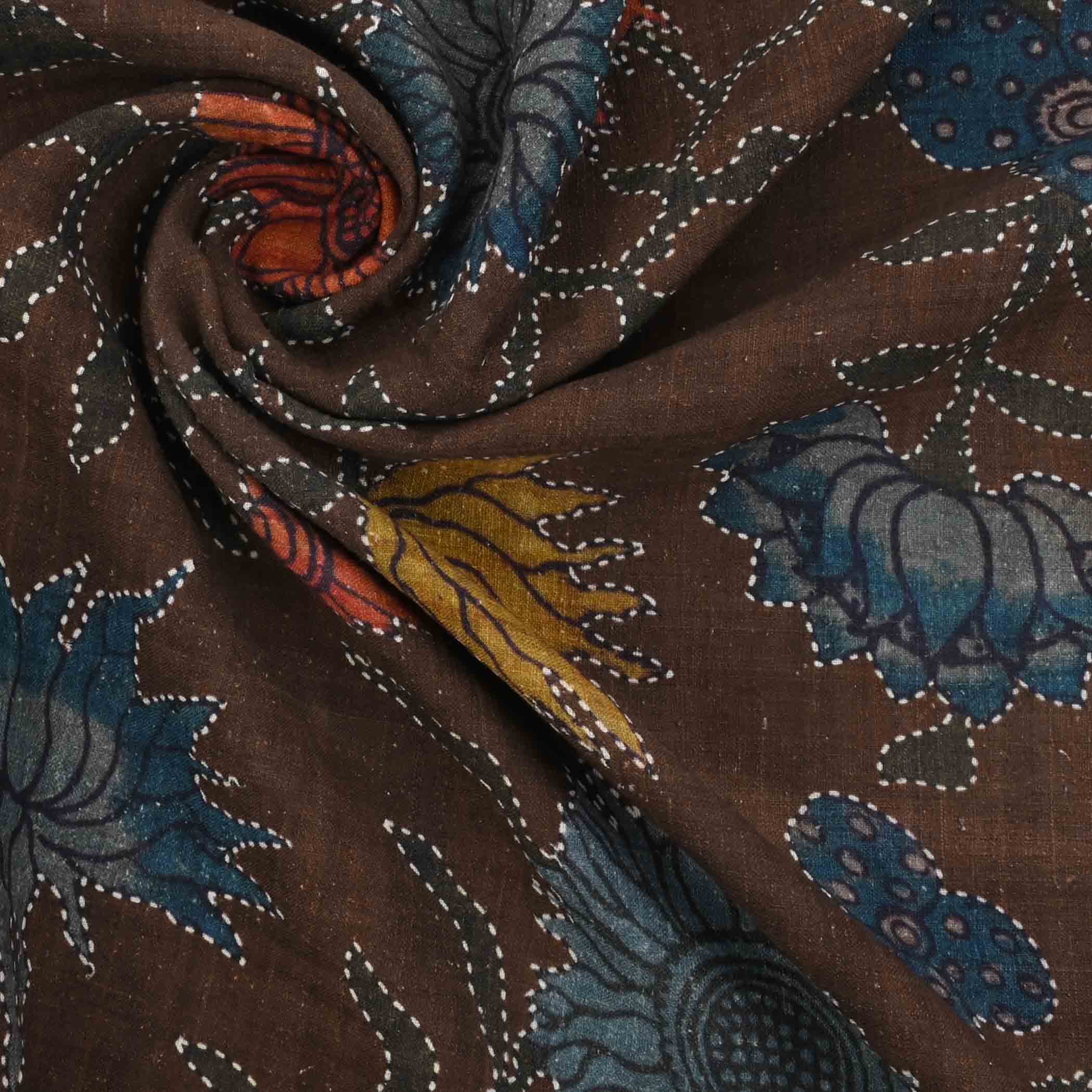 Mahogany Brown Floral Printed Matka Fabric