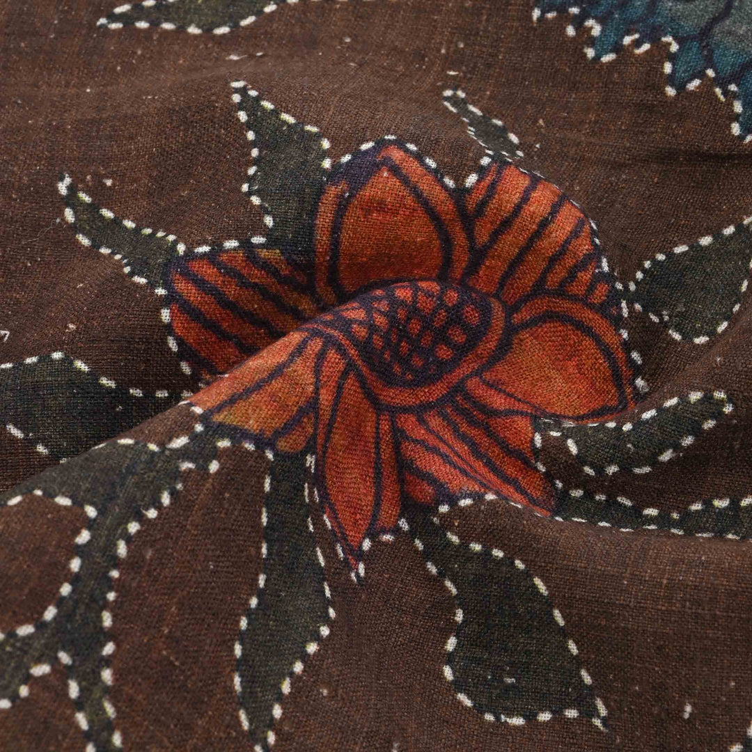 Mahogany Brown Floral Printed Matka Fabric