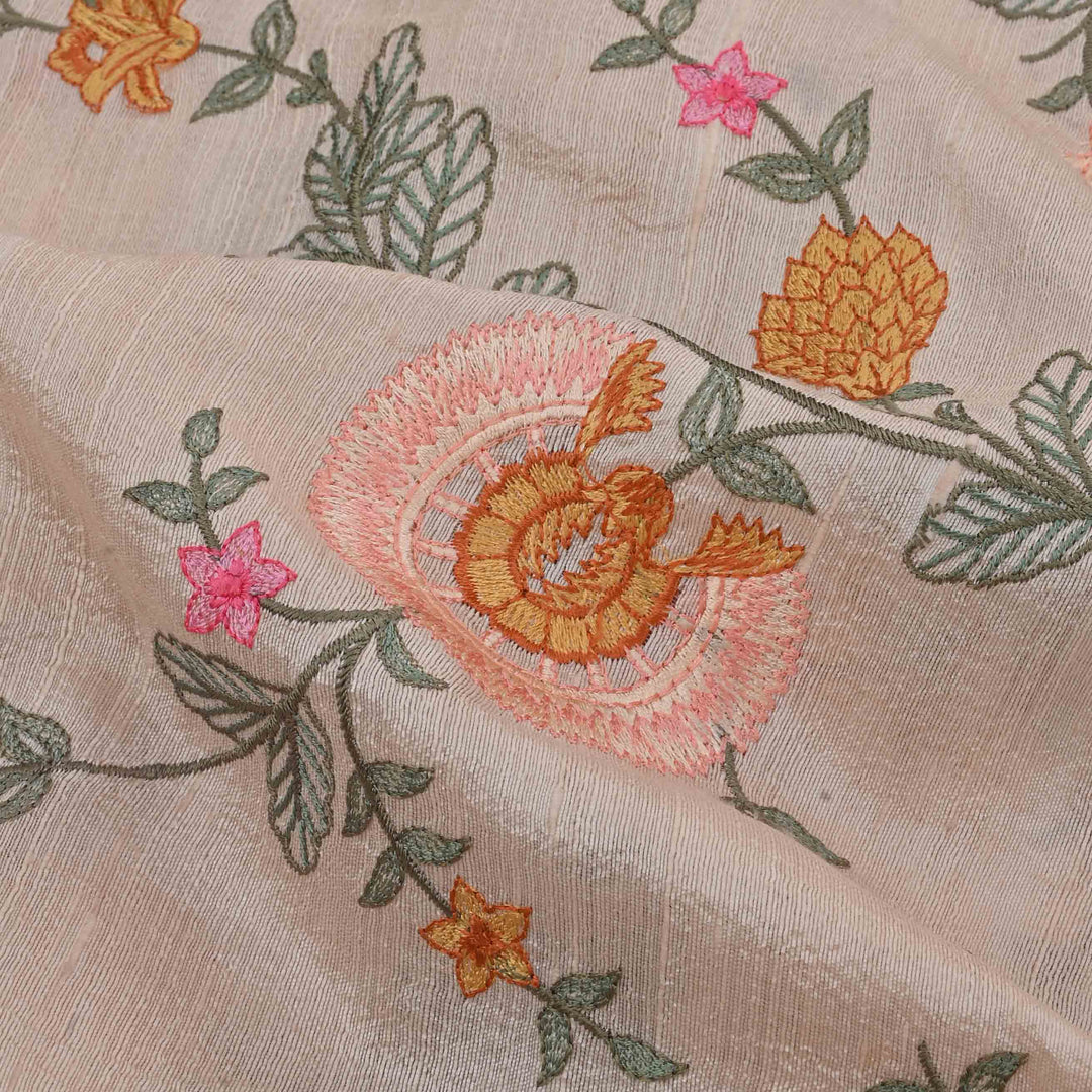 Champagne Pink Embroidery Rawsilk Fabric