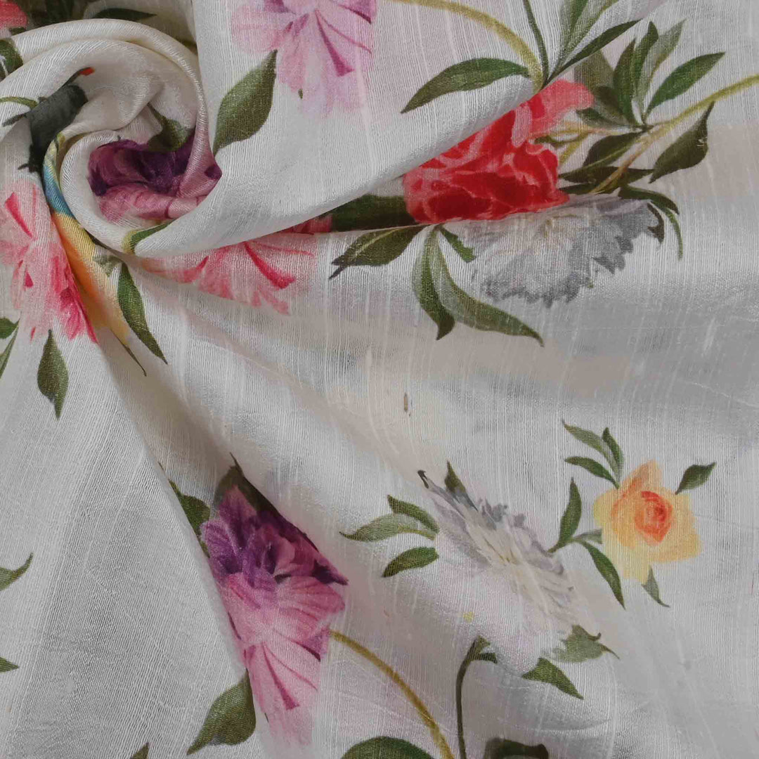 Mercury White Floral Printed Rawsilk Fabric