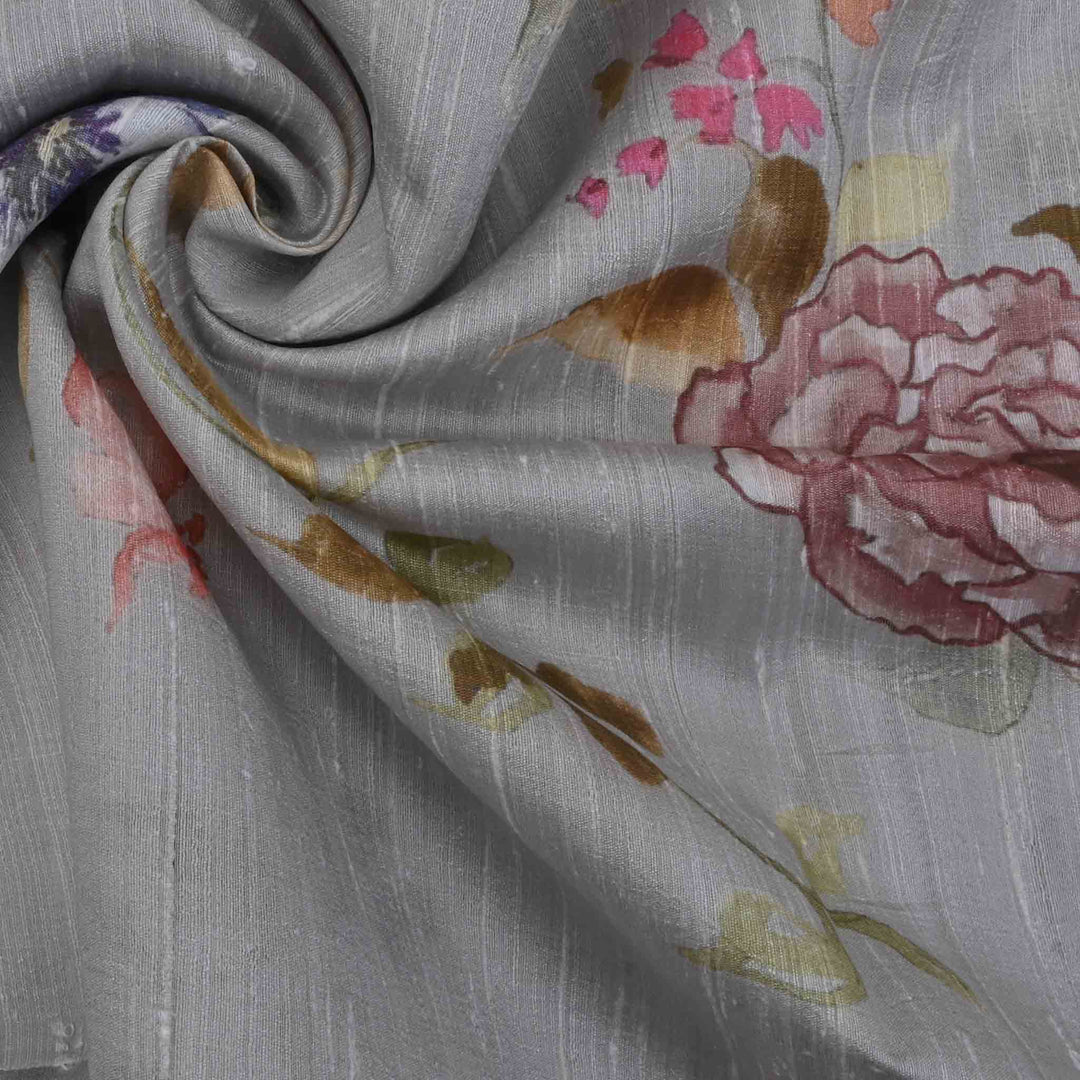 Storm Grey Floral Printed Rawsilk Fabric