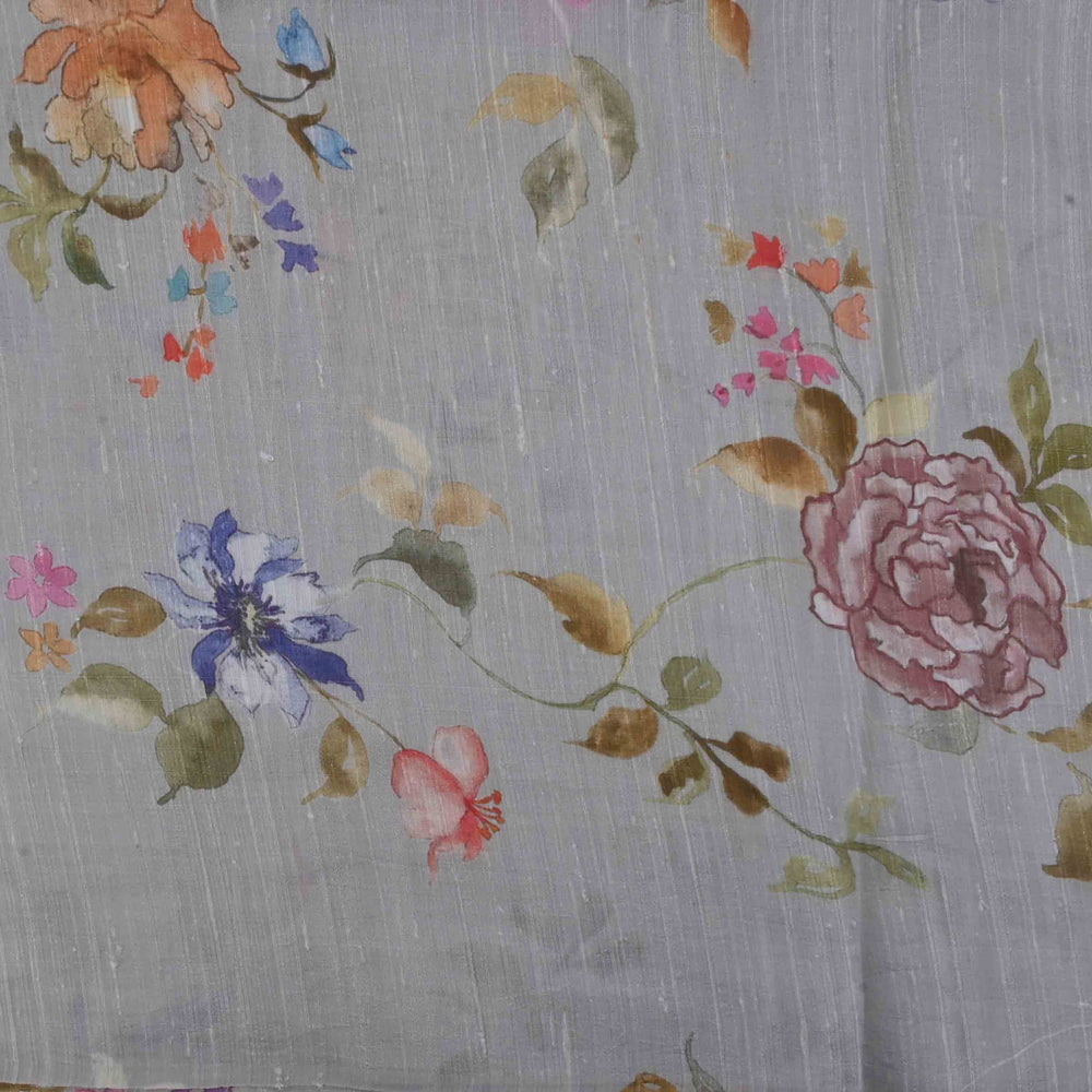 Storm Grey Floral Printed Rawsilk Fabric