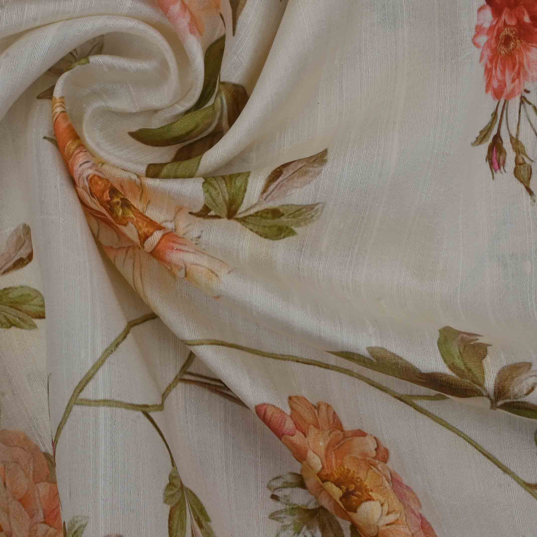 Pearl White Floral Printed Rawsilk Fabric