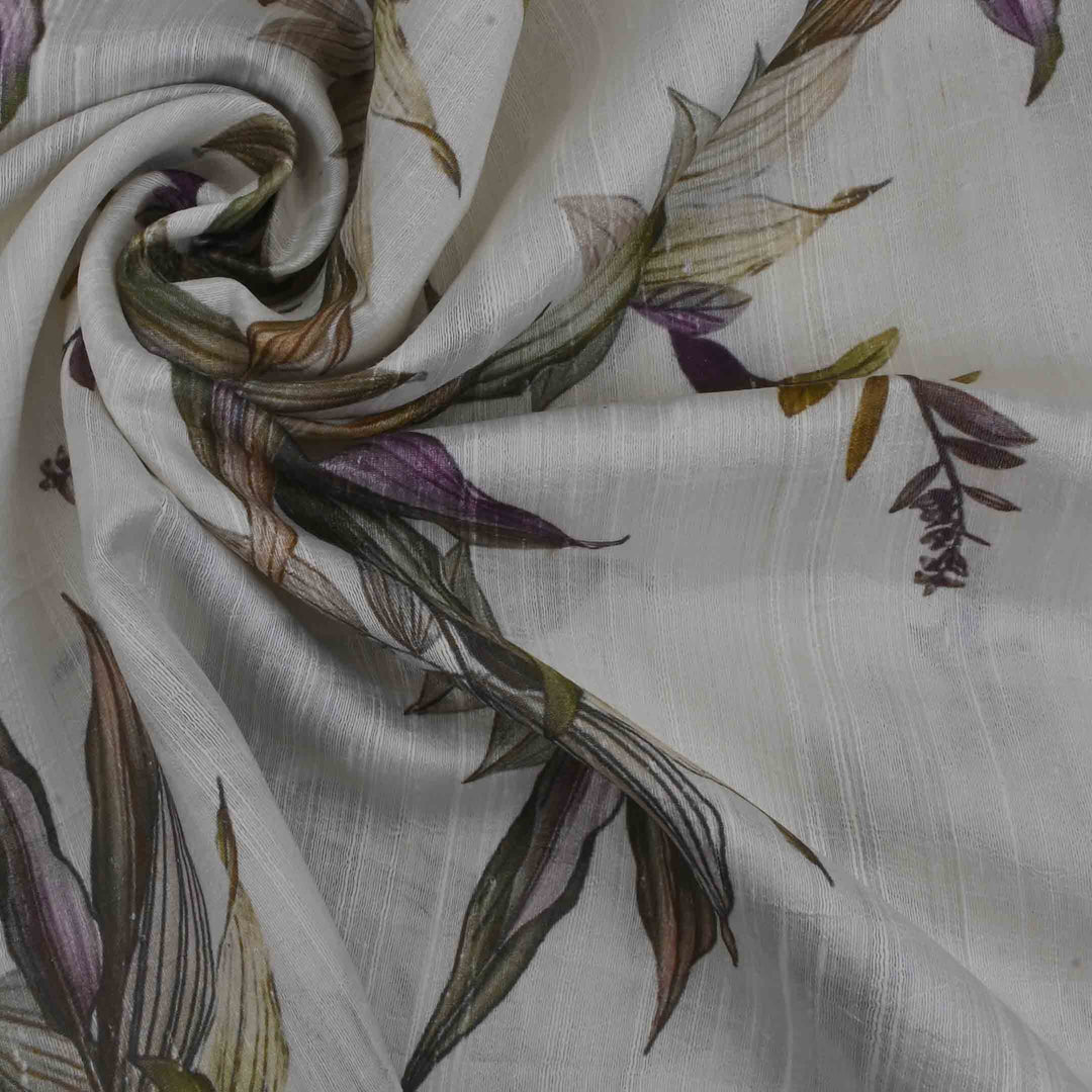 Pearl White Floral Printed Rawsilk Fabric